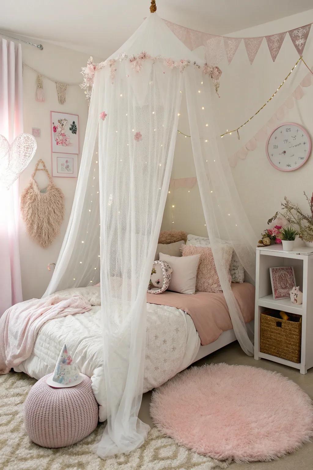 A dreamy draped bed adorned in sheer elegance.