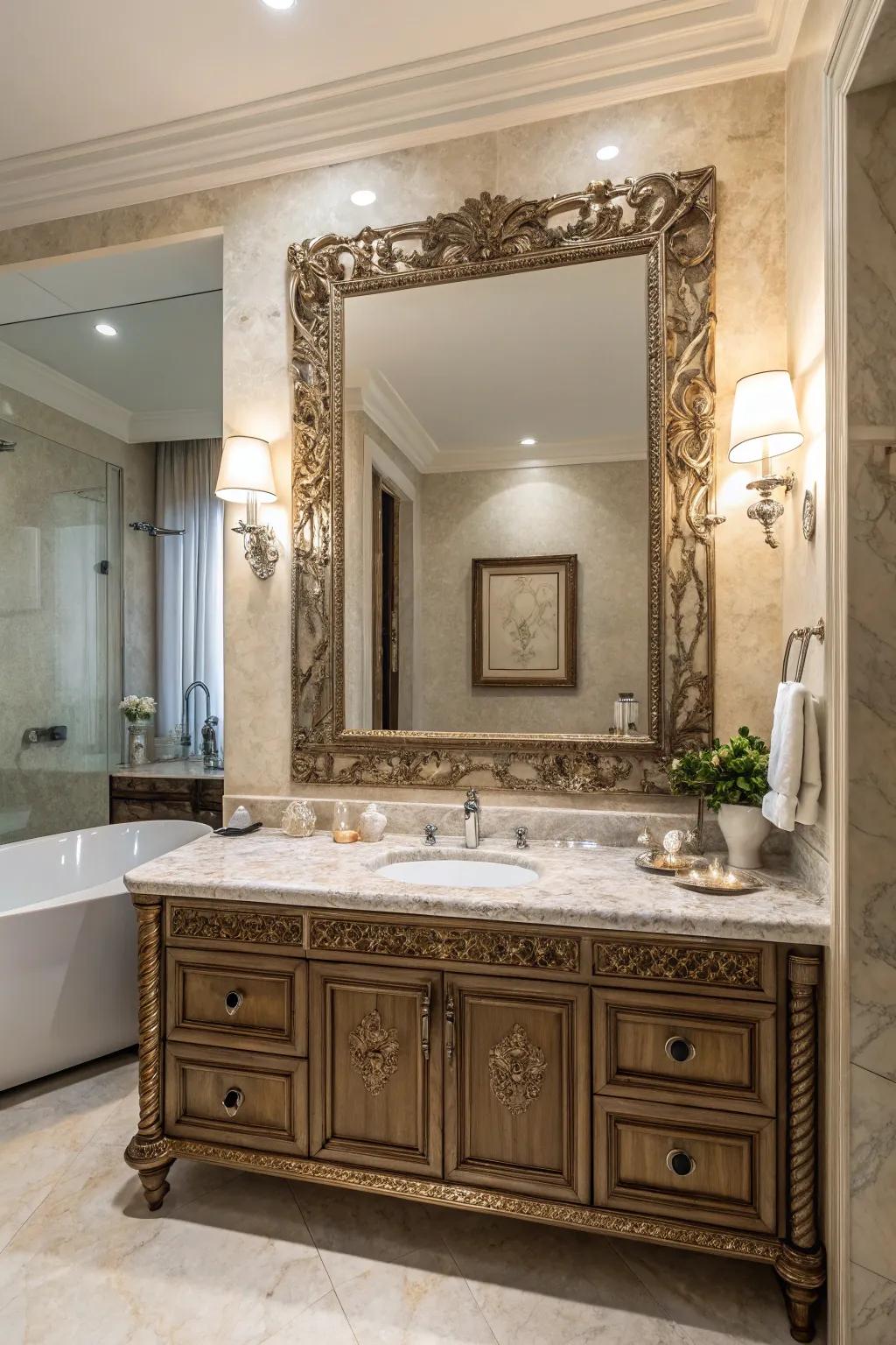 A lavish bathroom featuring a large ornate mirror over a marble countertop.