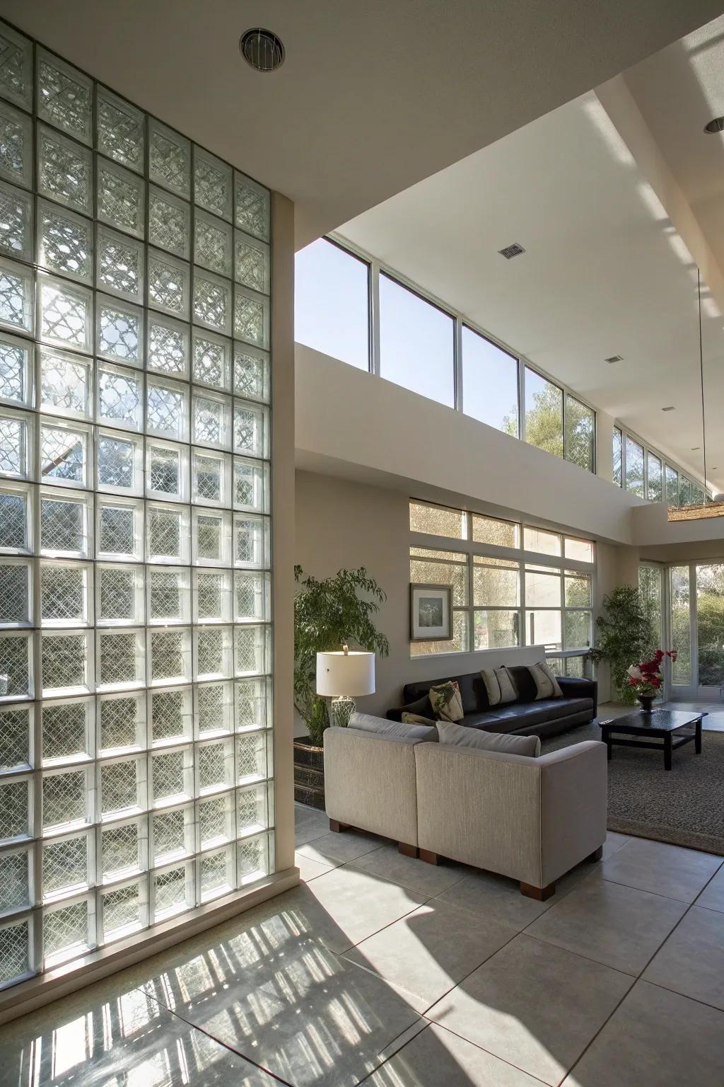 A modern living space featuring a glass block wall, fashioning a vibrant focal point that is bathed in natural light.