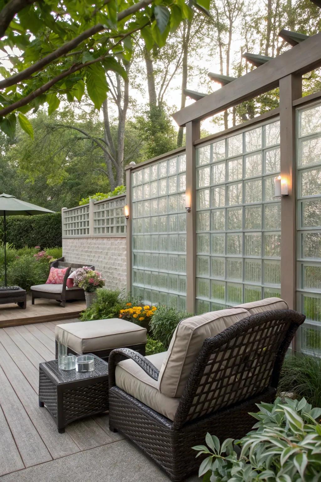 A sophisticated outdoor setting featuring a glass brick privacy screen.