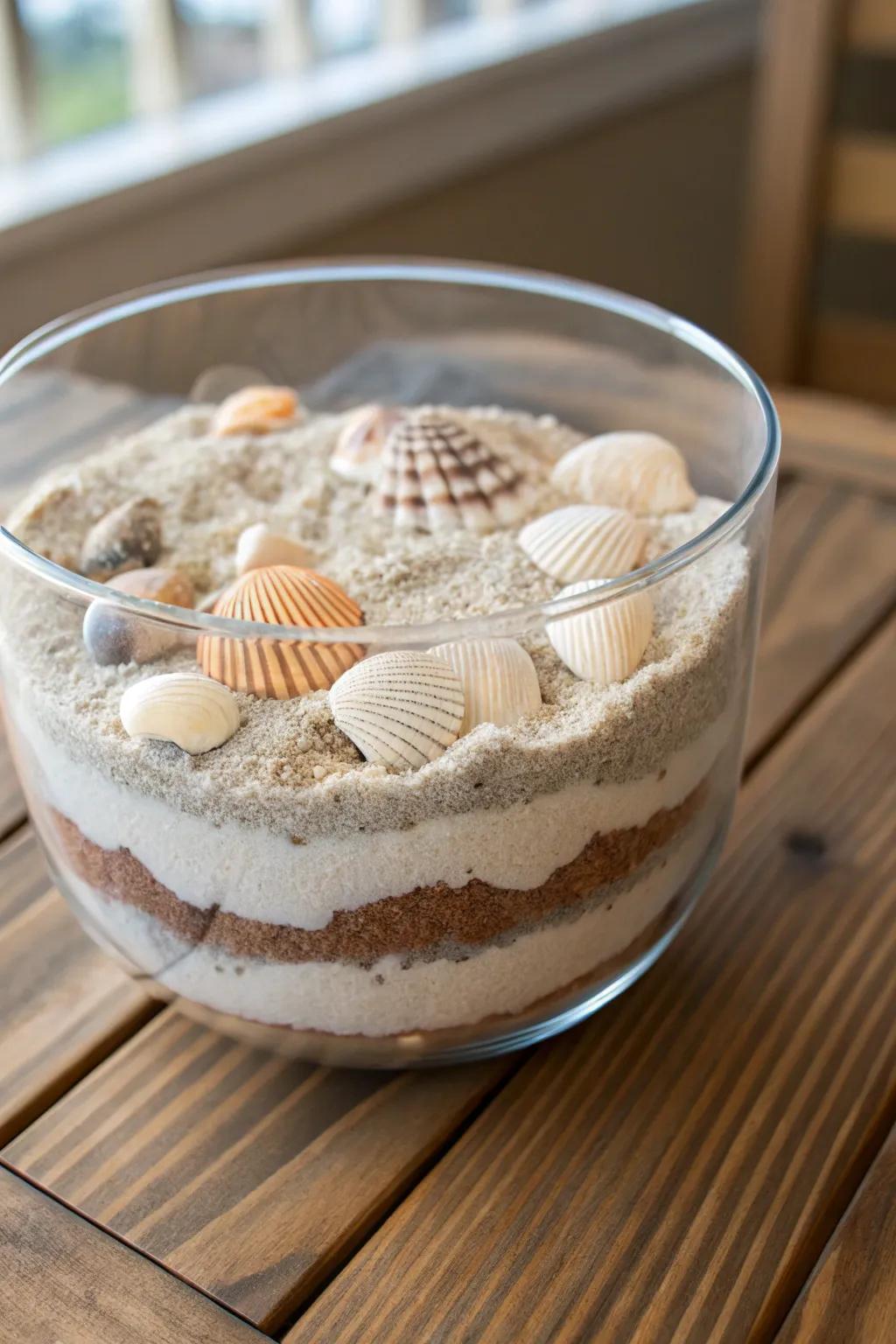 Strata of grain and ocean shells within a glass bowl transport the coast to your abode.