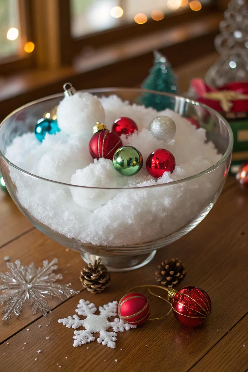 A clear vessel showcasing a stratum of imitation snow to evoke a wintry aesthetic.