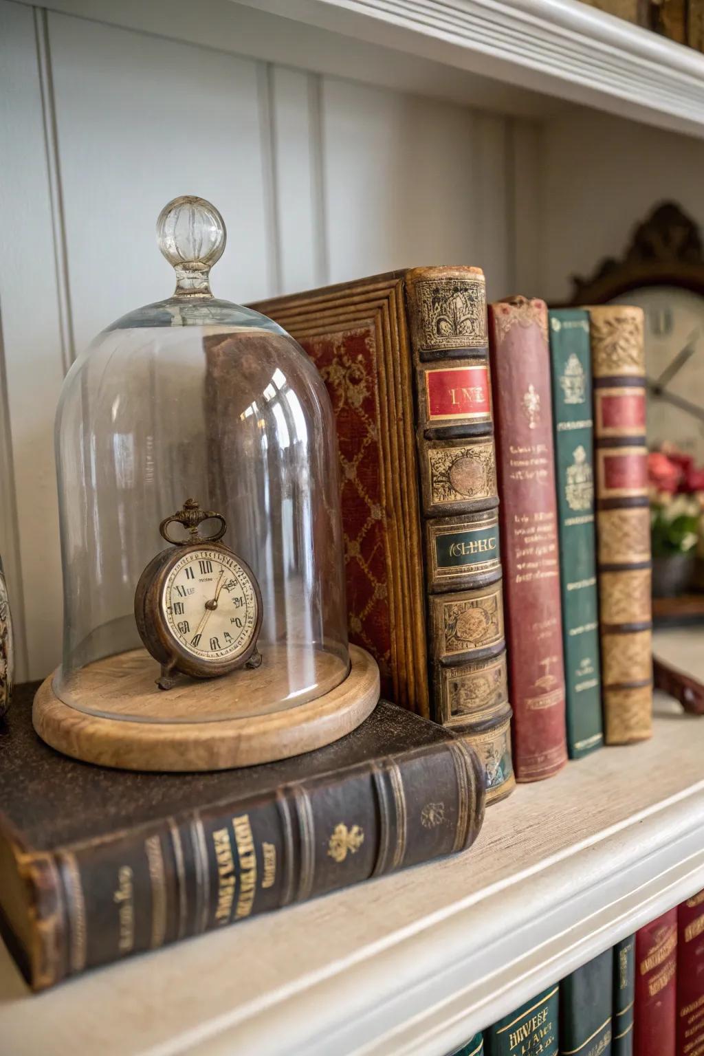 Old books and a classic timepiece produce a nostalgic display screen under a glass dome.