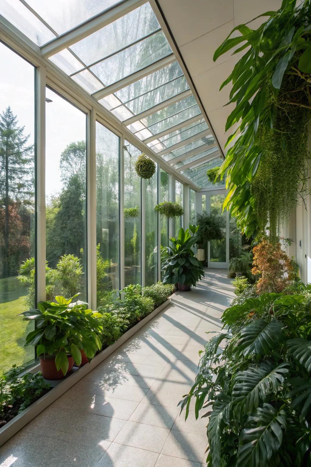 A serene and verdant haven fashioned within a glass extension.