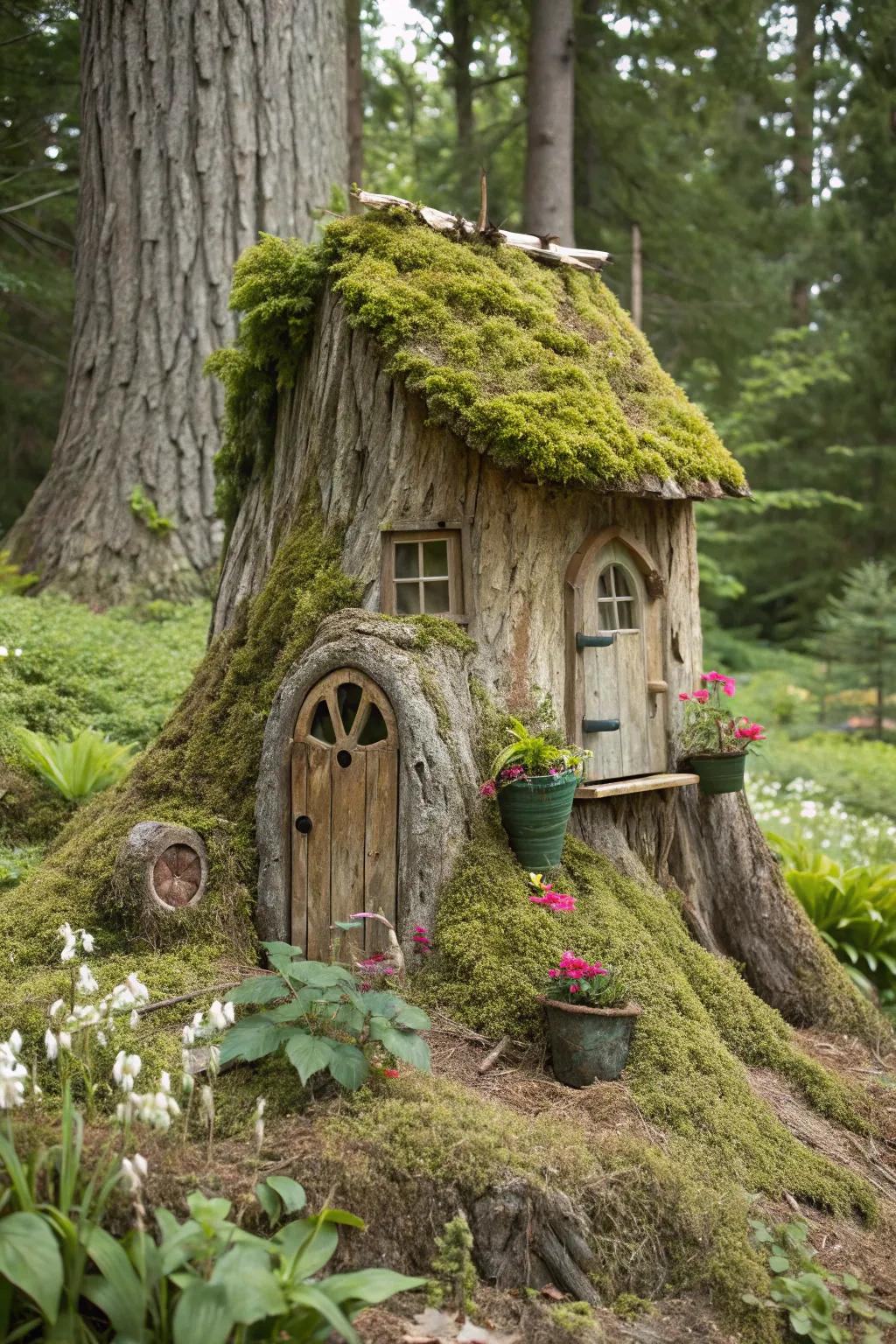 A natural gnome lodging crafted from a tree base.