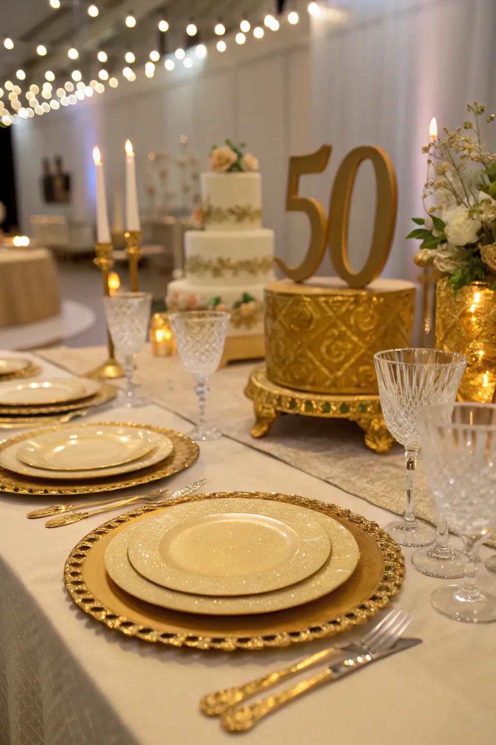 Lavish gold-themed table decor elevates any celebration.