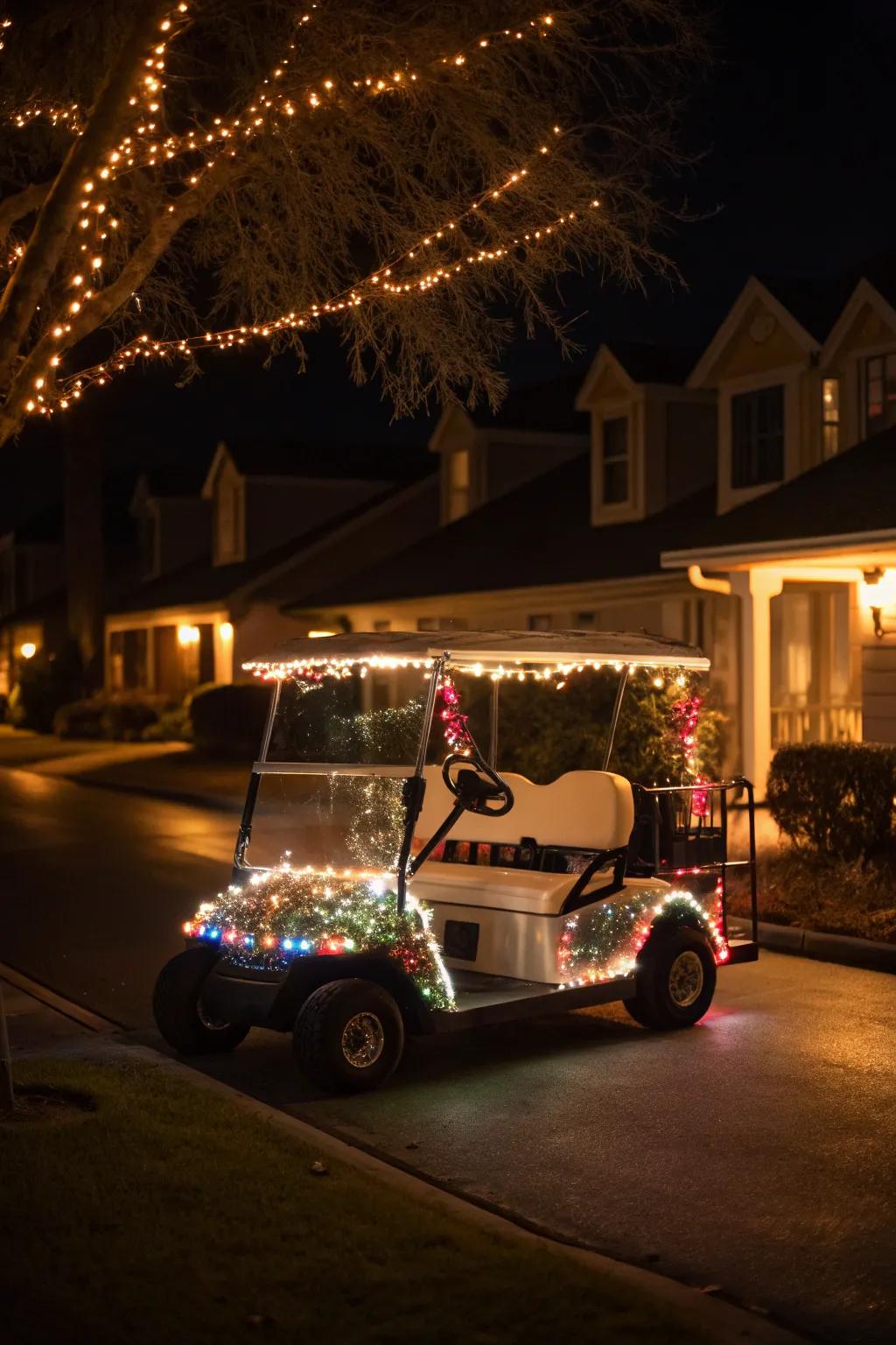 A golf cart glowing with festive lights.
