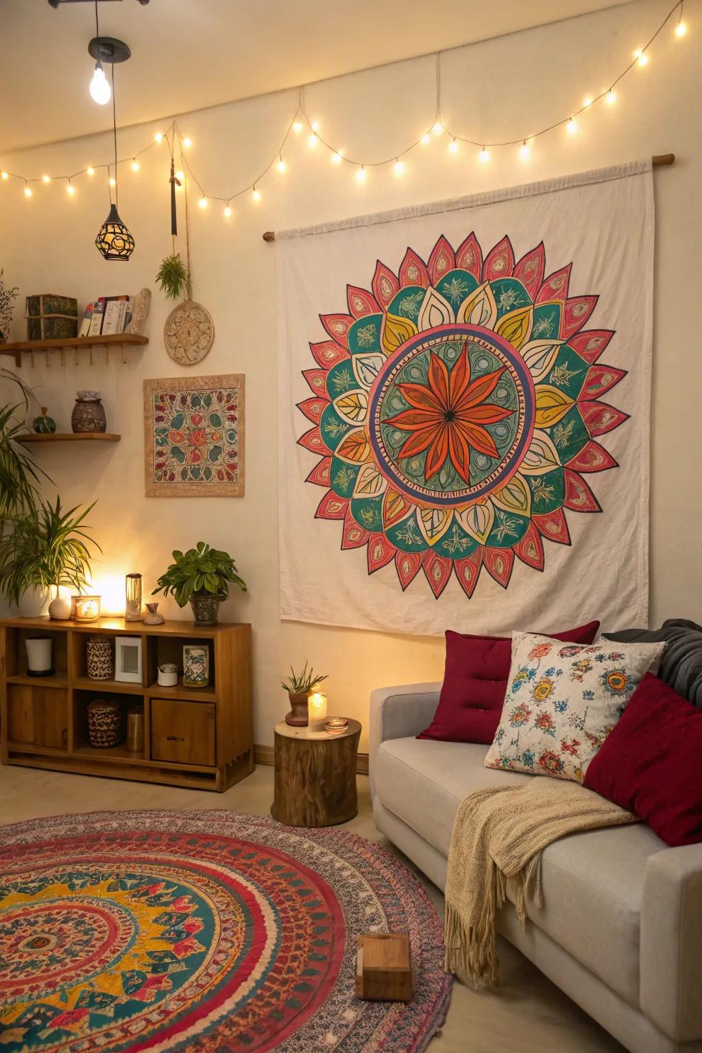 An energetic mandala creation, fostering a peaceful atmosphere.