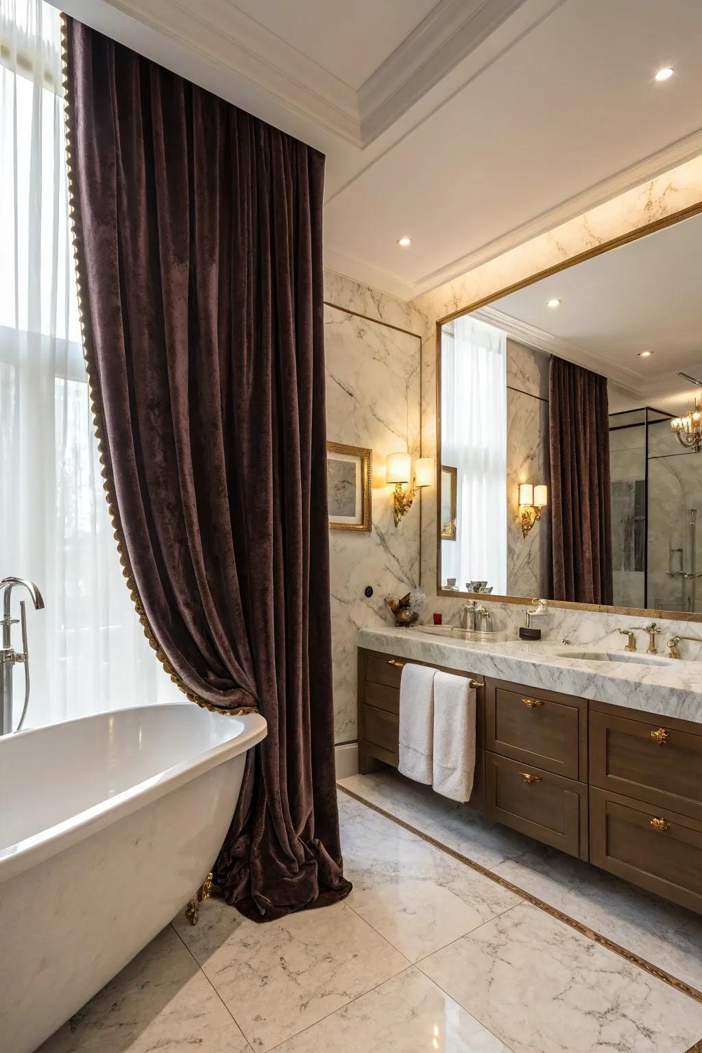 Velvet and marble contribute sophistication and luxury to this gothic bathroom.