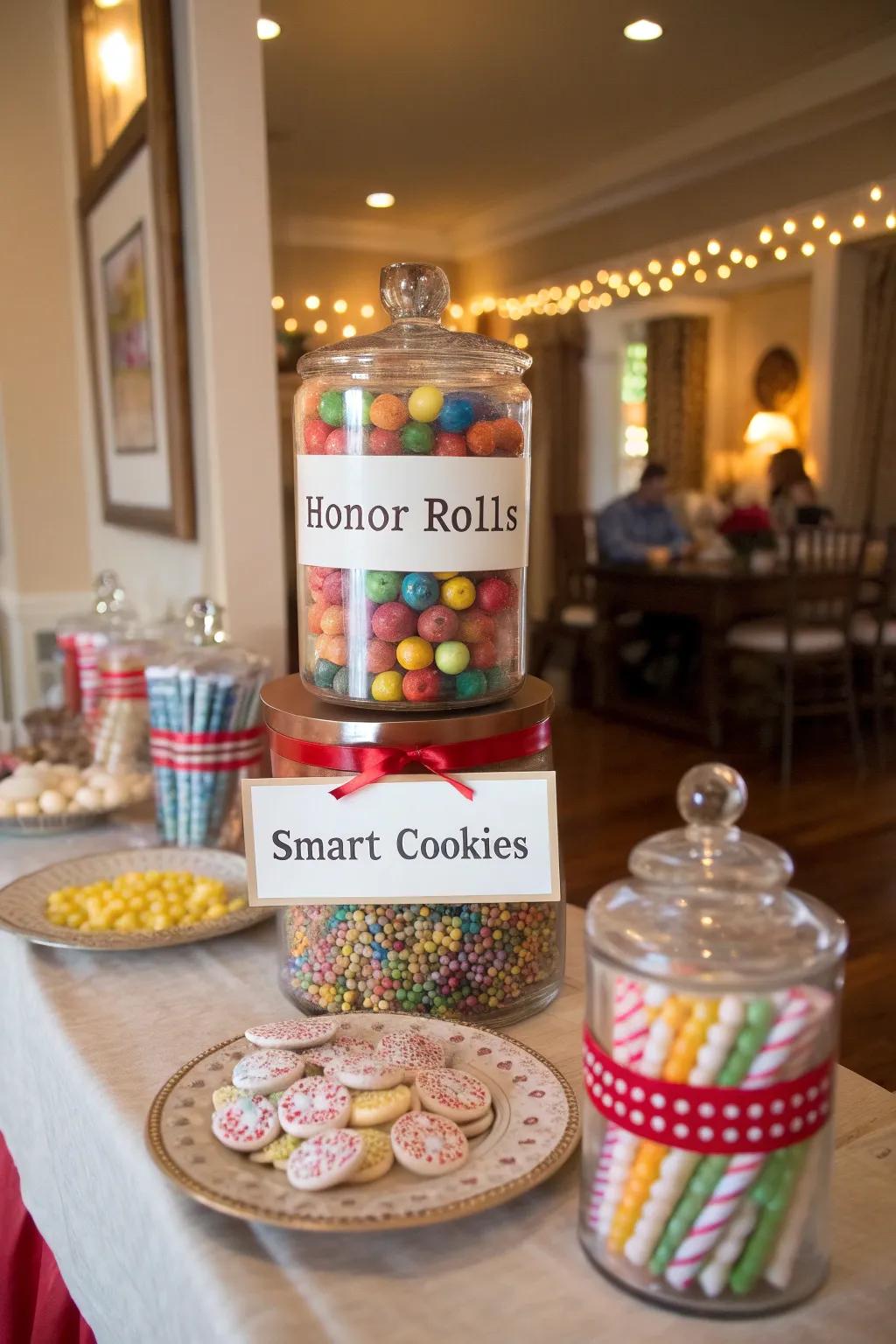 Playful candy labels bring a fun twist to your graduation showcase.