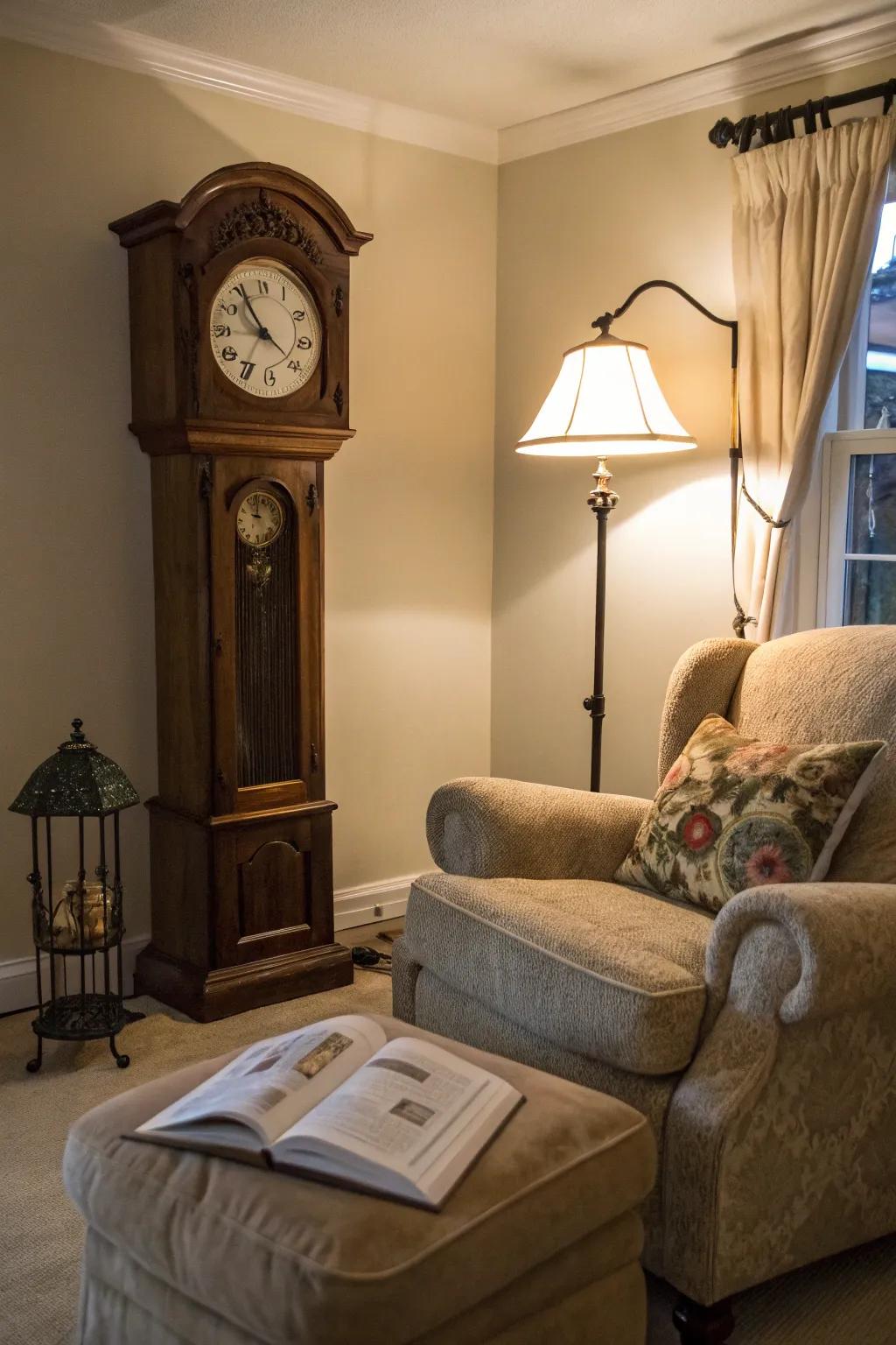 A comfortable nook with a tall case clock creates the perfect place to read.