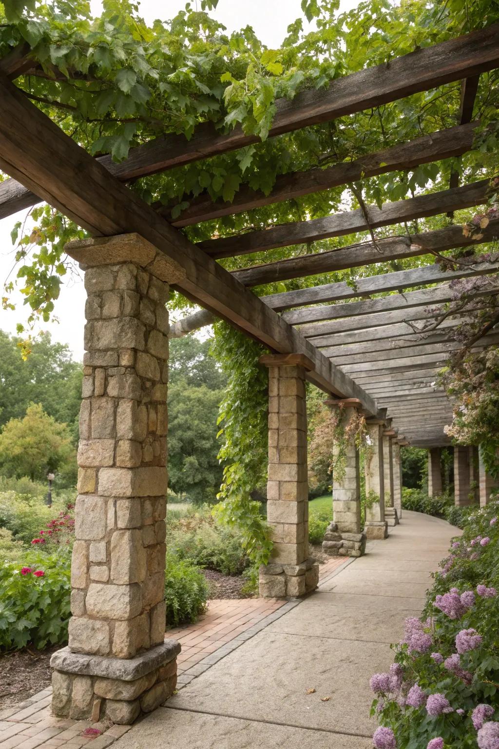 A country-style vineyard arbor uniting rock and lumber for a never-ending design.