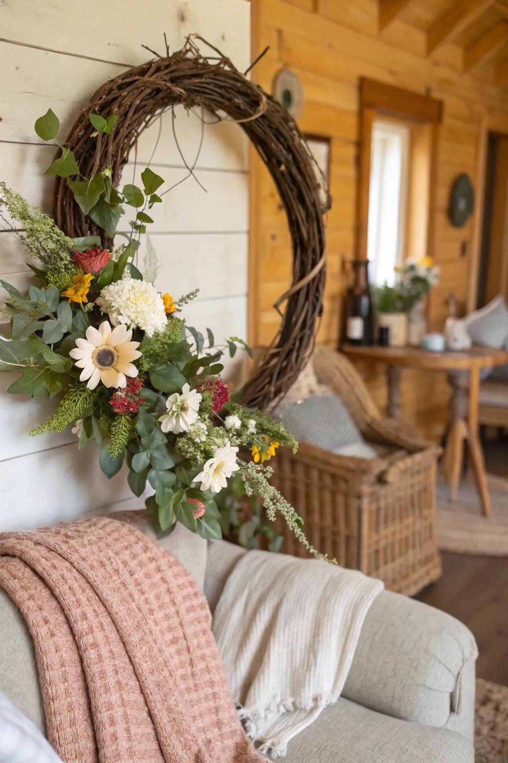 A seasonal metamorphosis of a wreath into a grapevine arrangement.