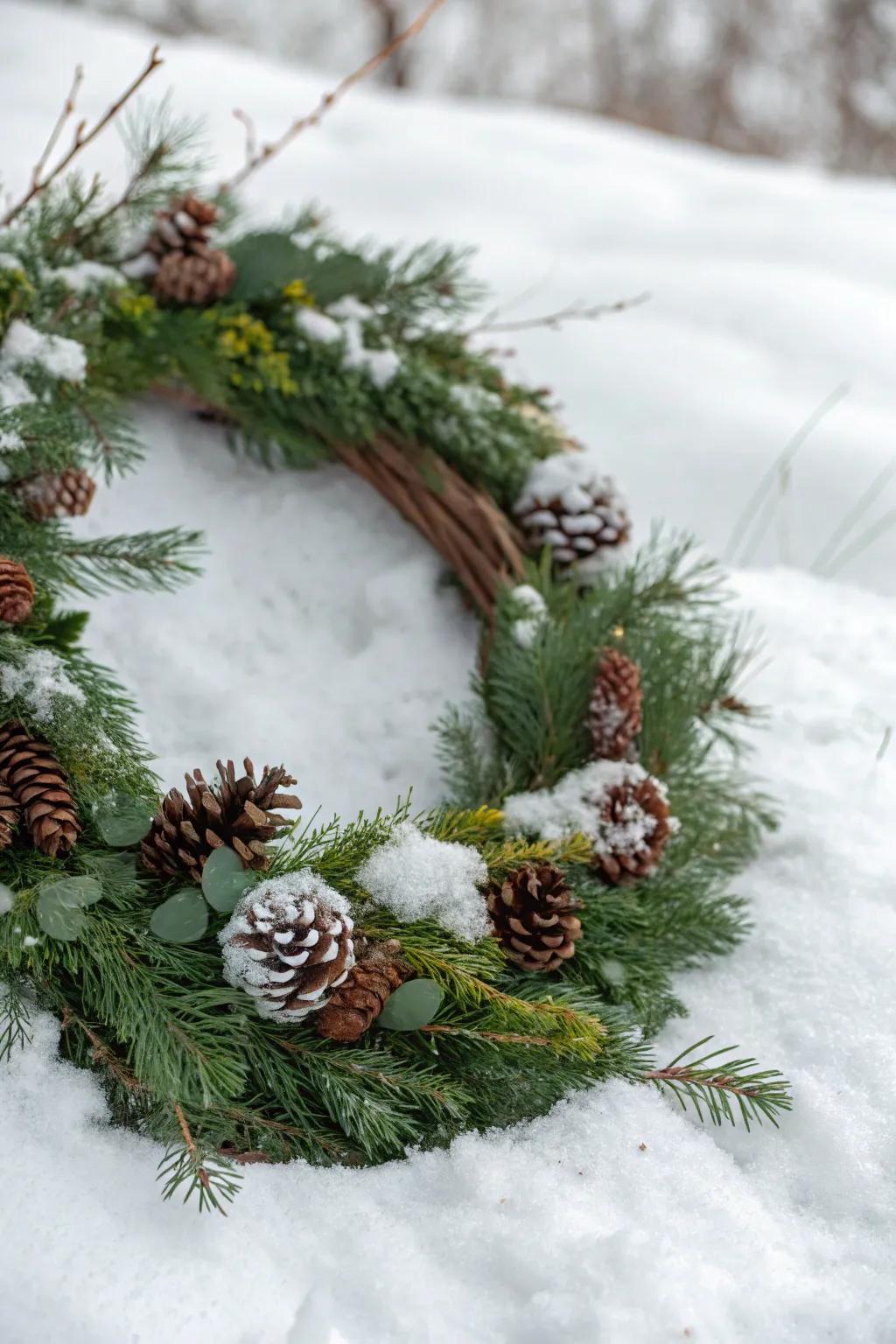 A winter-themed grapevine wreath adorned with evergreens and fir cones.