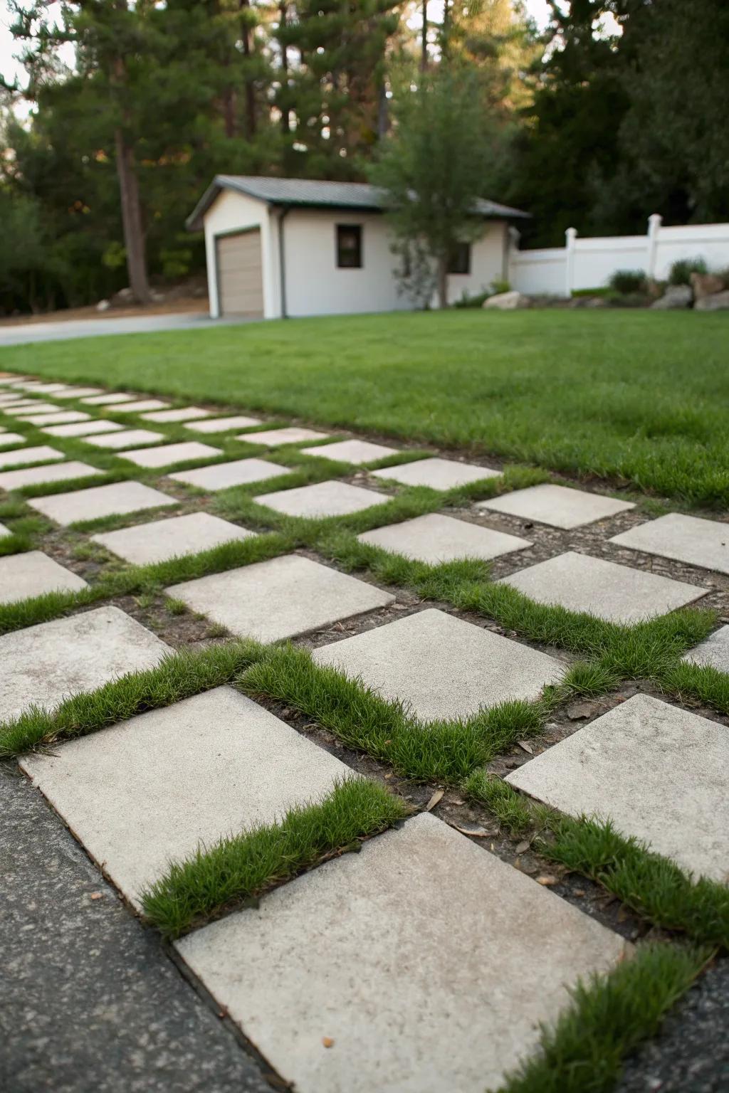 A captivating checkerboard arrangement, merging grass and stone for a daring visual impact.