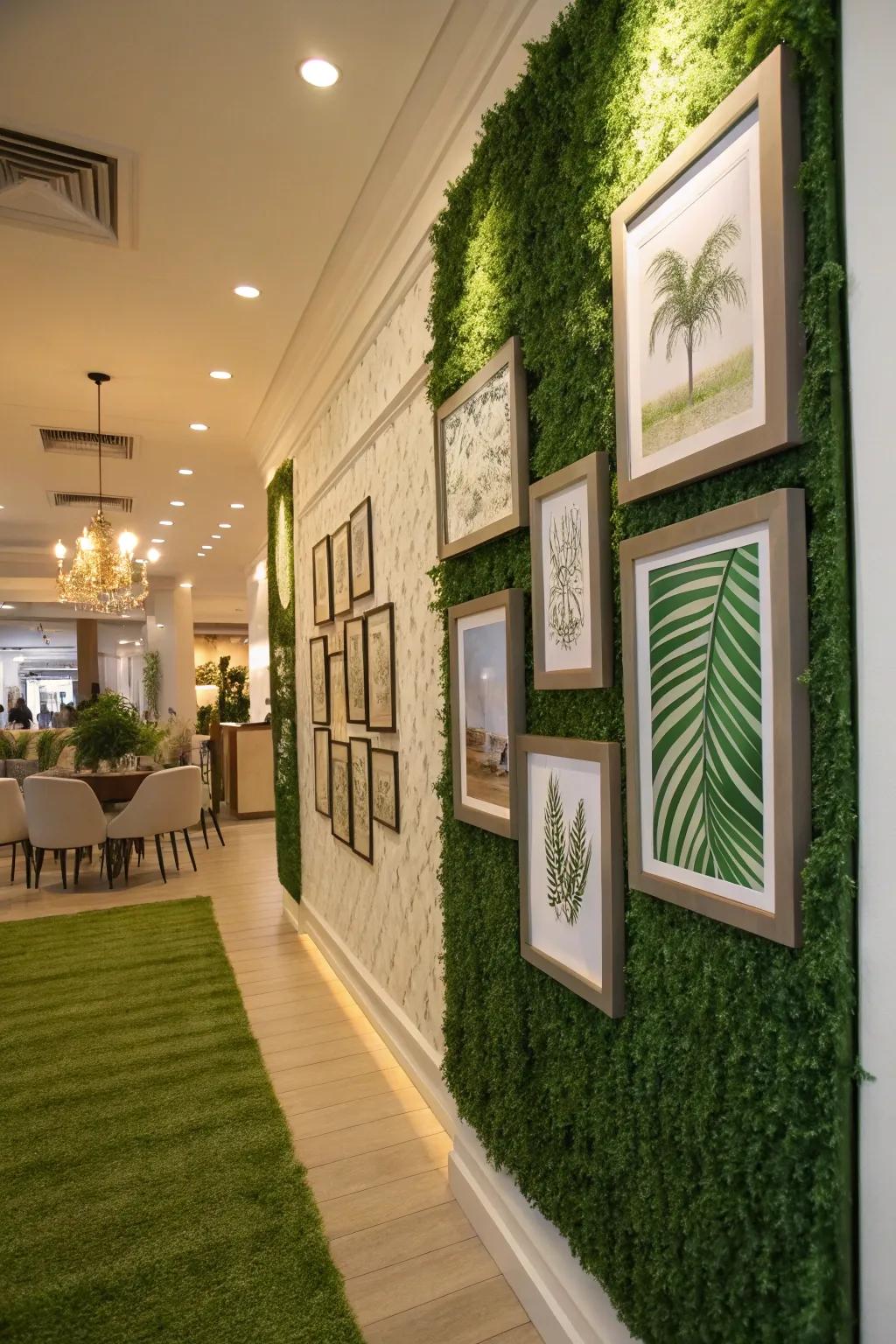 An elegant interior wall merges grass with encased artwork for an unparalleled ornamental impression.