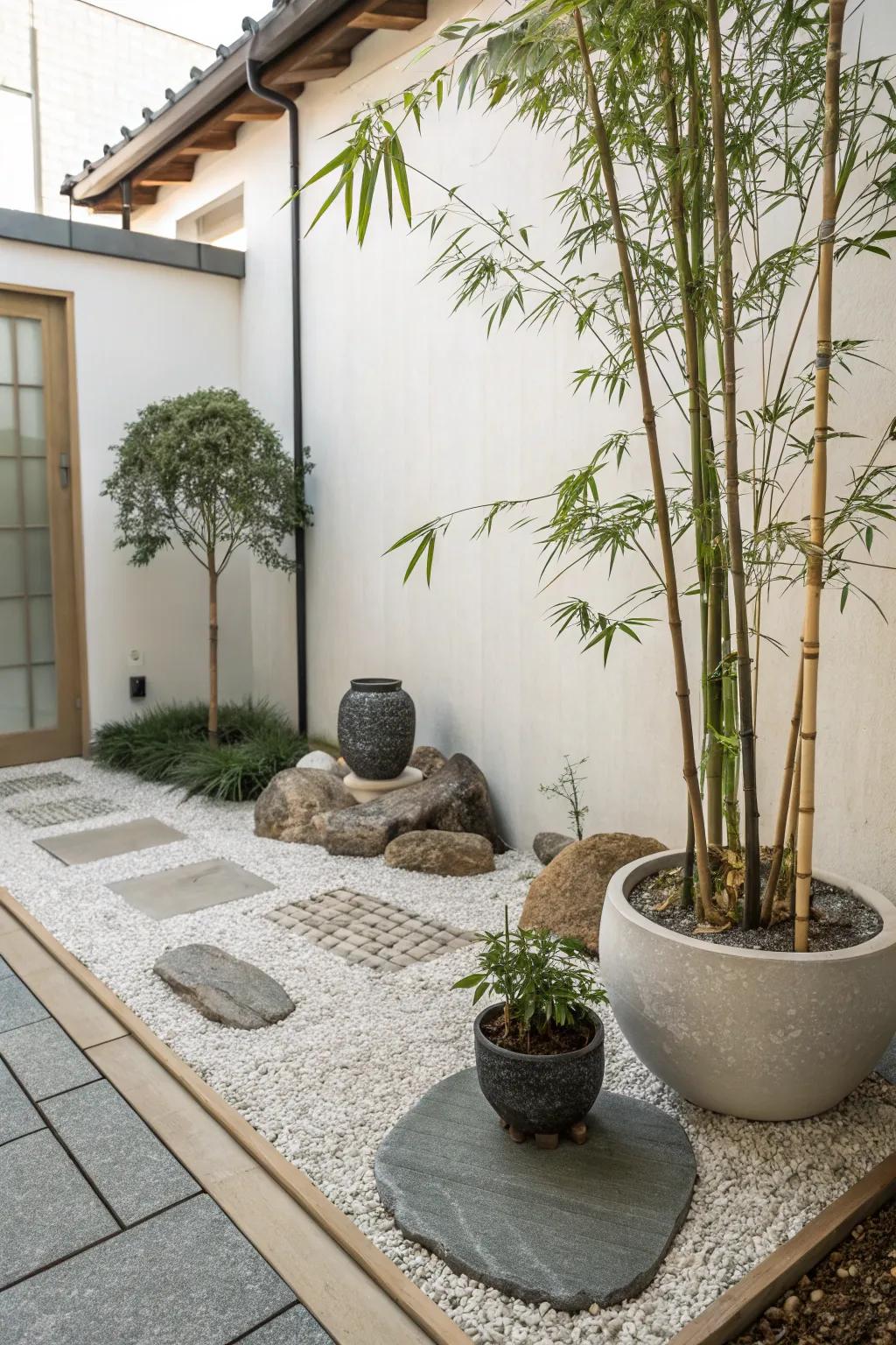 A minimalist Zen corner in a gravel garden setting.