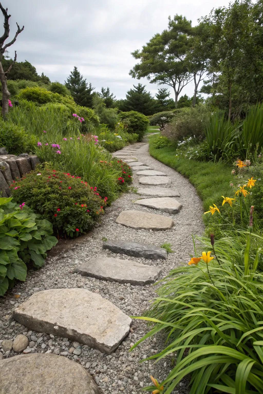 Stepping stones bring charm and utility to a gravel path.