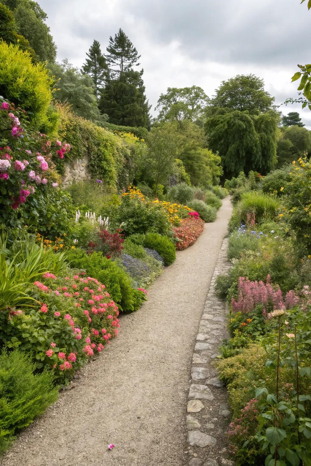 A crushed stone walkway beautifully integrated with garden beds