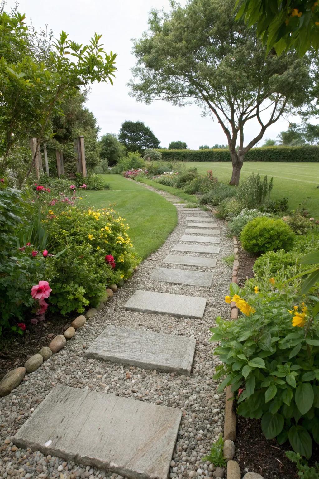 An enchanting gravel pathway with stepping stones, meandering through a garden.