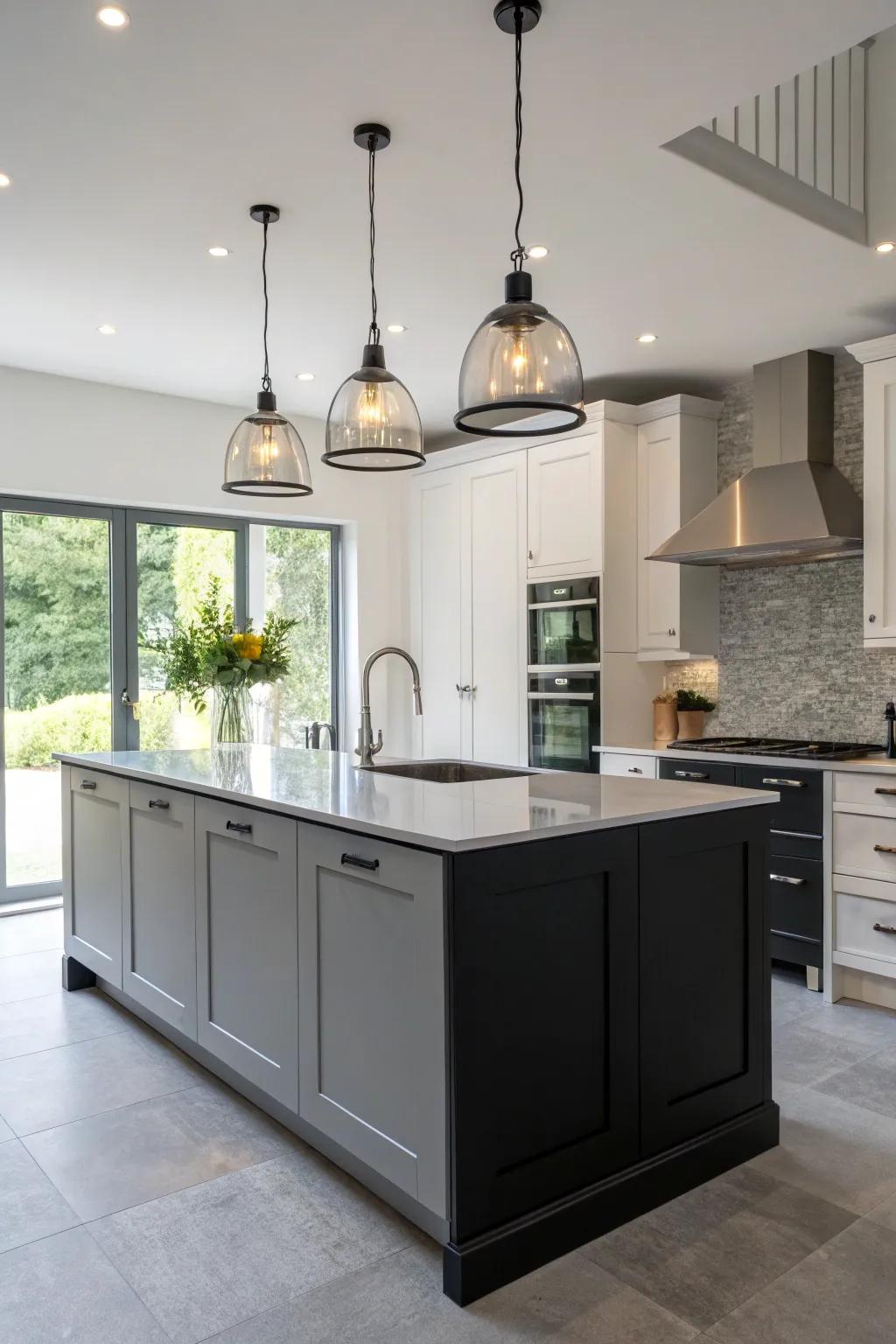 Pendant lighting elevates the kitchen's mood.
