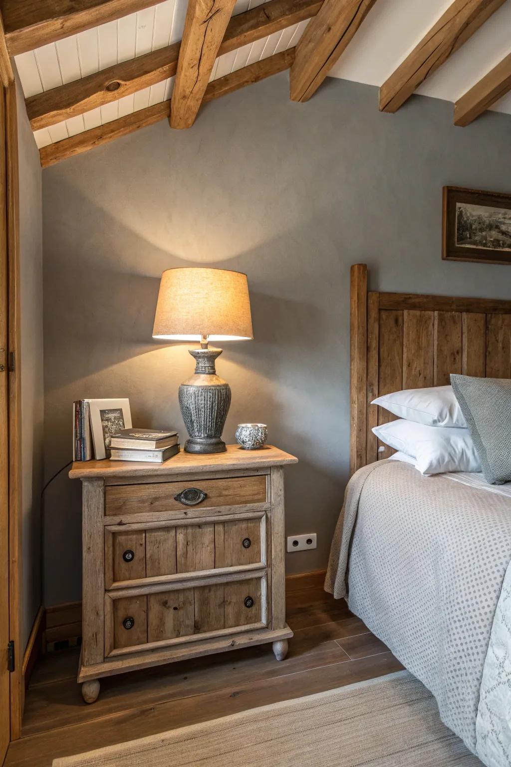 Warm gray walls beautifully accented by wooden features.
