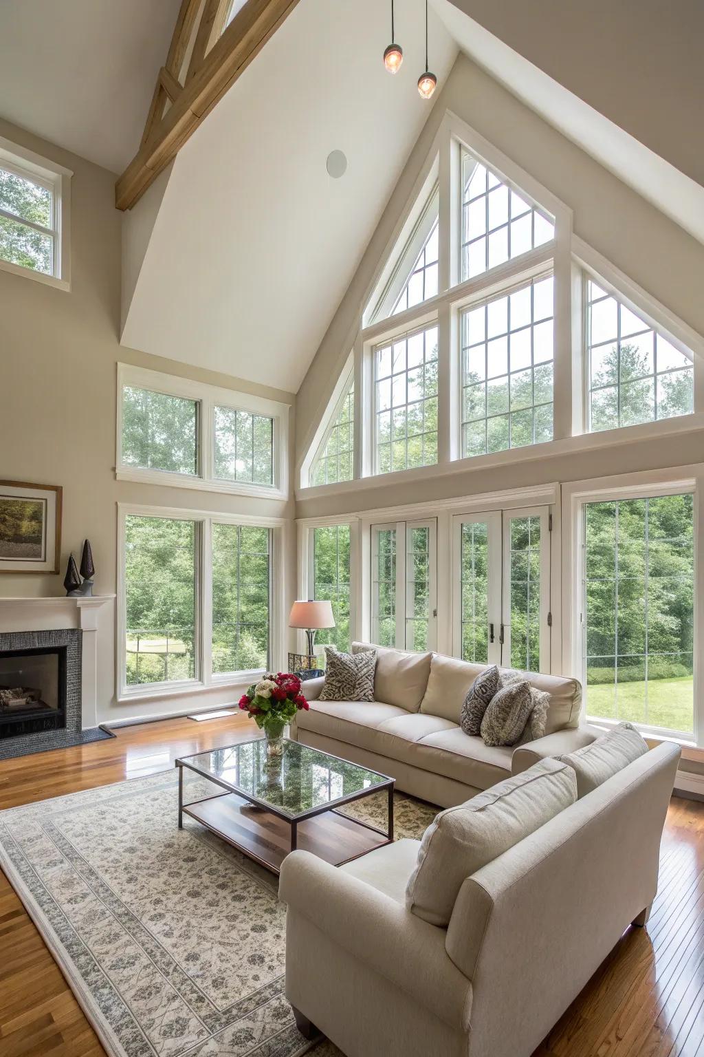 Vaulted ceilings evoke a sense of openness and airiness, ideal for expansive rooms.