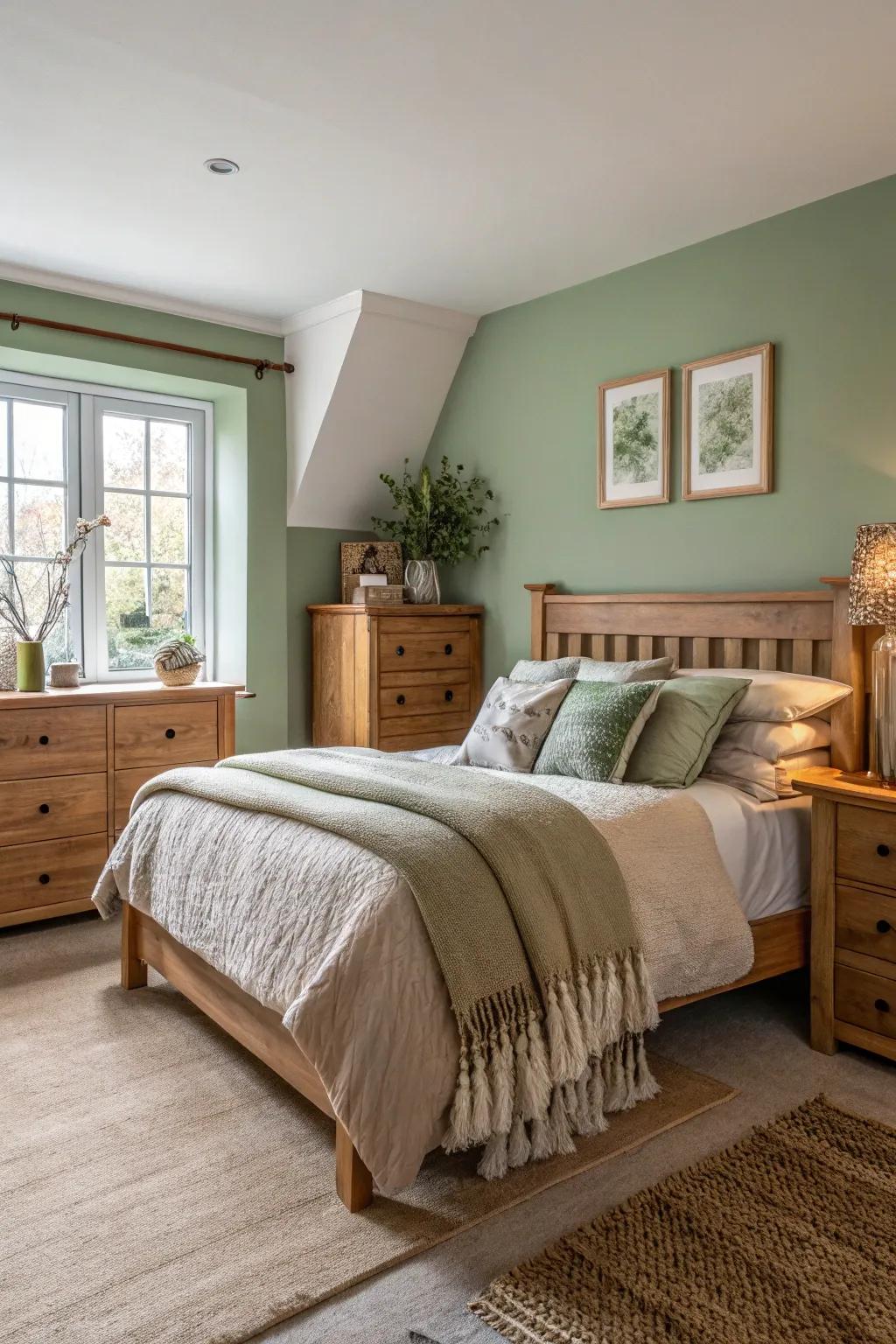A soft green wall establishes a peaceful ambiance in this tranquil bedroom.