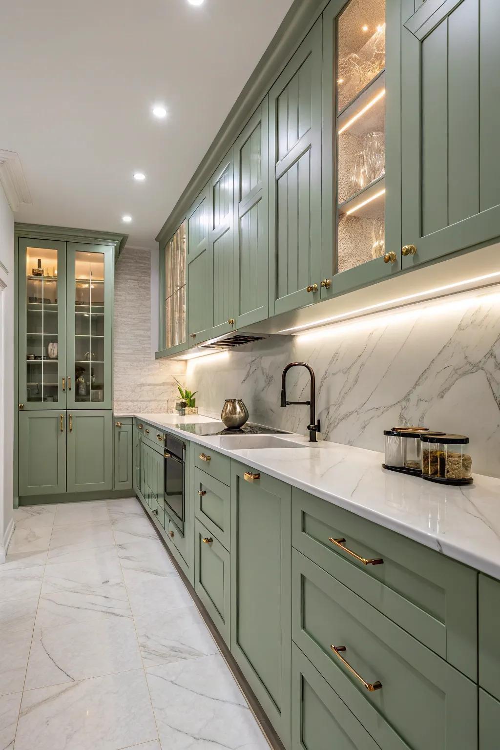 Calm kitchen featuring sage green cabinets and soothing marble accents.