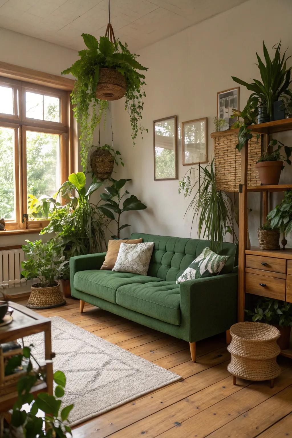Organic components like greenery and wood highlight the green couch, leading to a serene retreat.