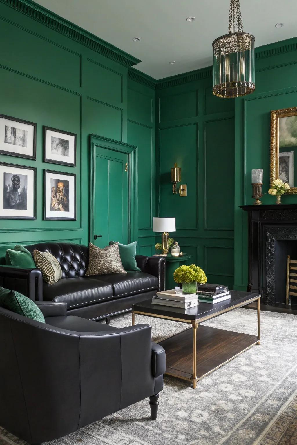 Deep green and ebony fashion a daring, upscale mood.