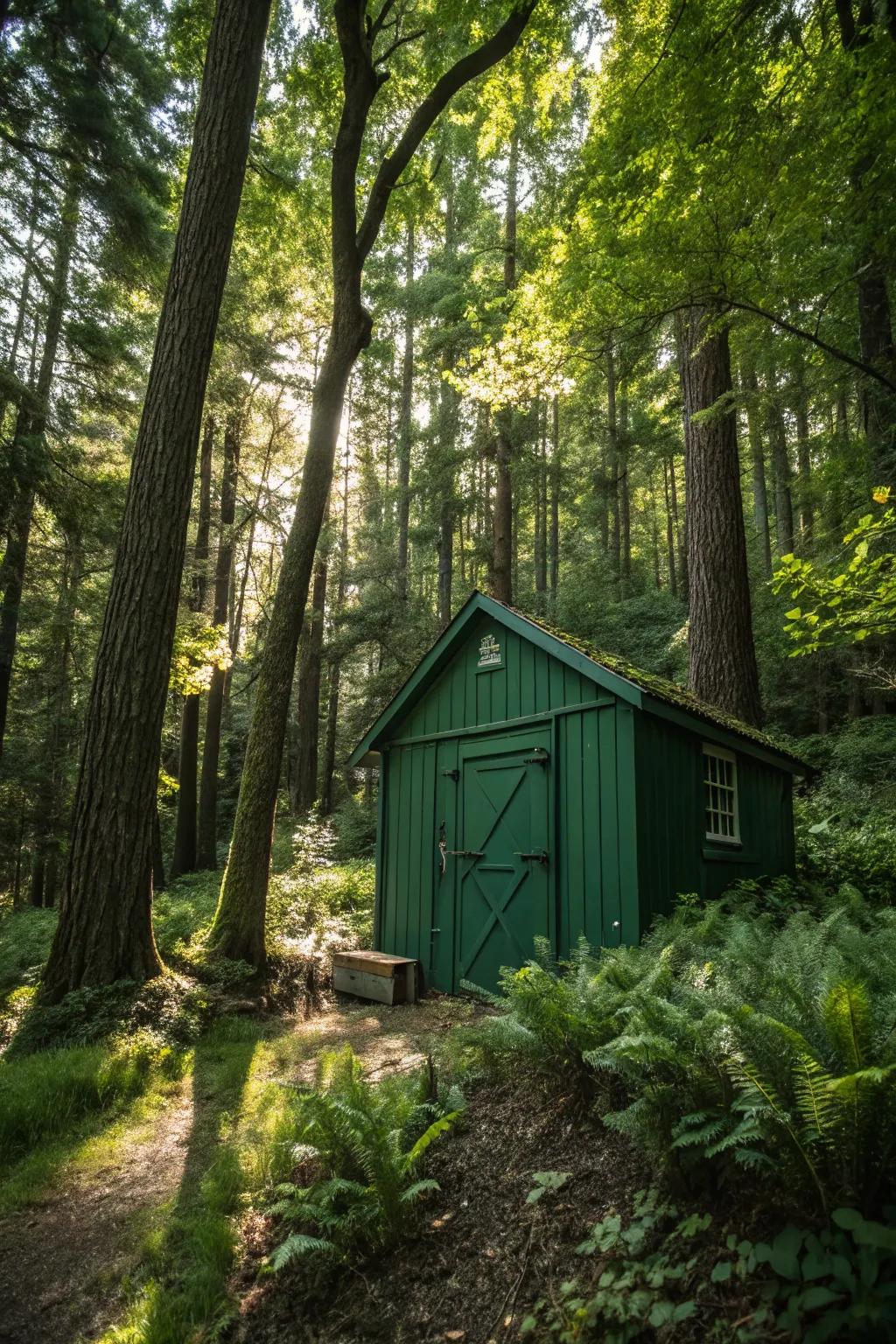 A deep forest green shed provides a peaceful sanctuary in nature.