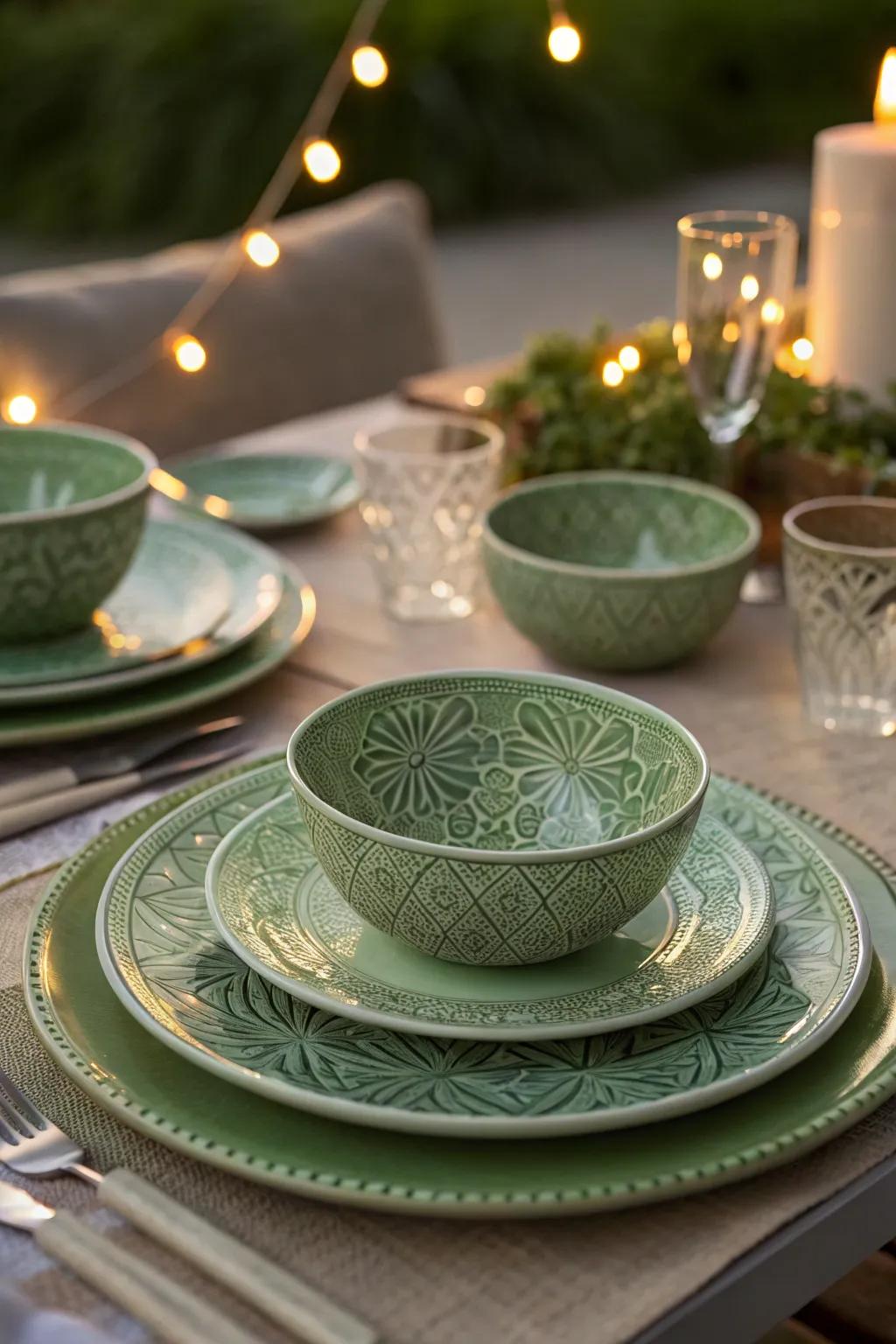 Verdant dinnerware showcasing intricate patterns for a sophisticated aesthetic.