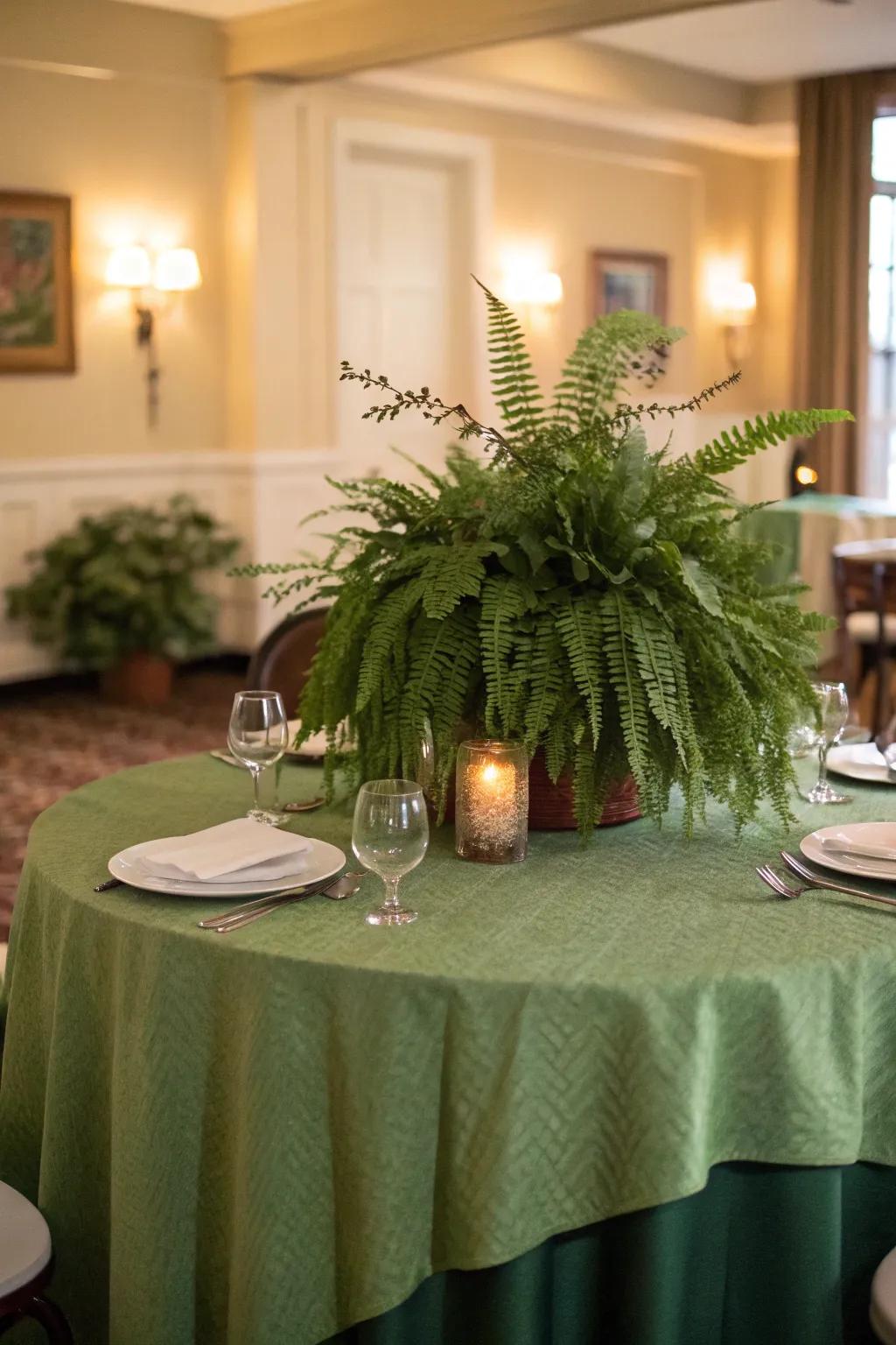 Stylish verdant-themed dinner party arrangement.