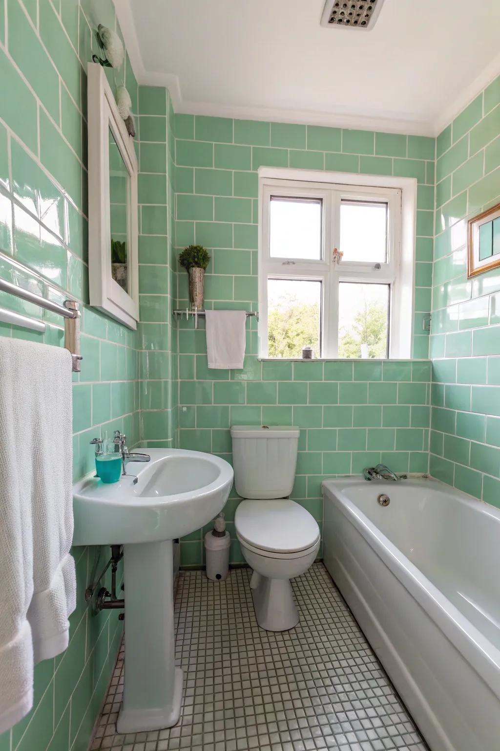 Mint green tiles help make smaller rooms feel more spacious and inviting.