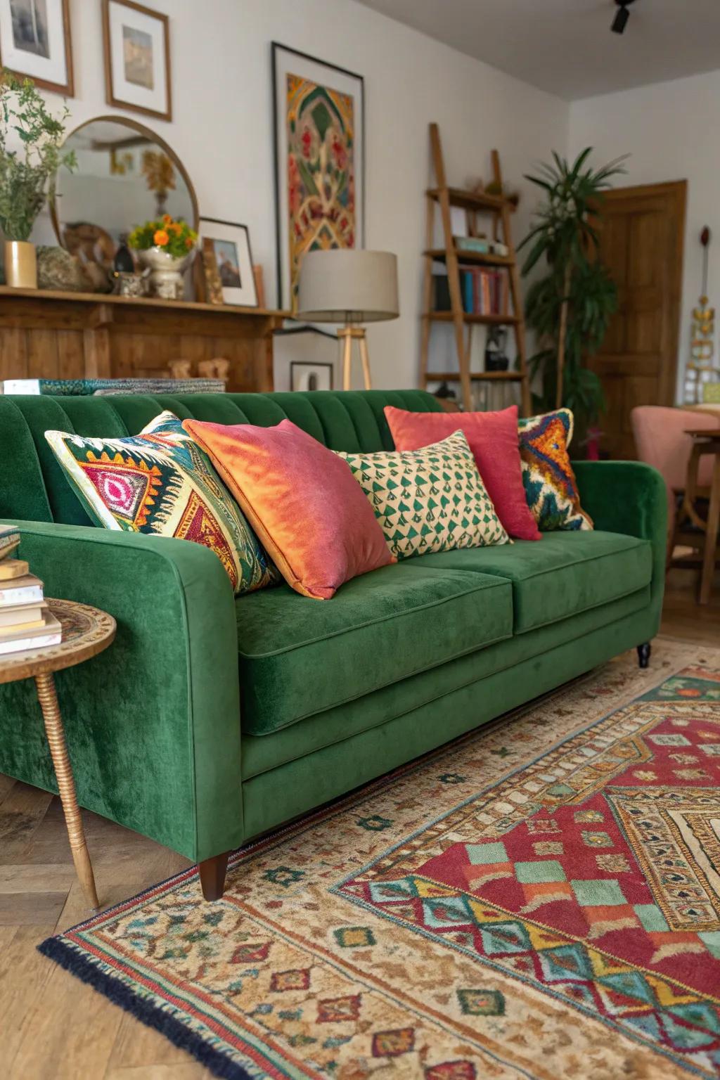 An eclectic family room featuring a verdant plush settee and vibrant additions.