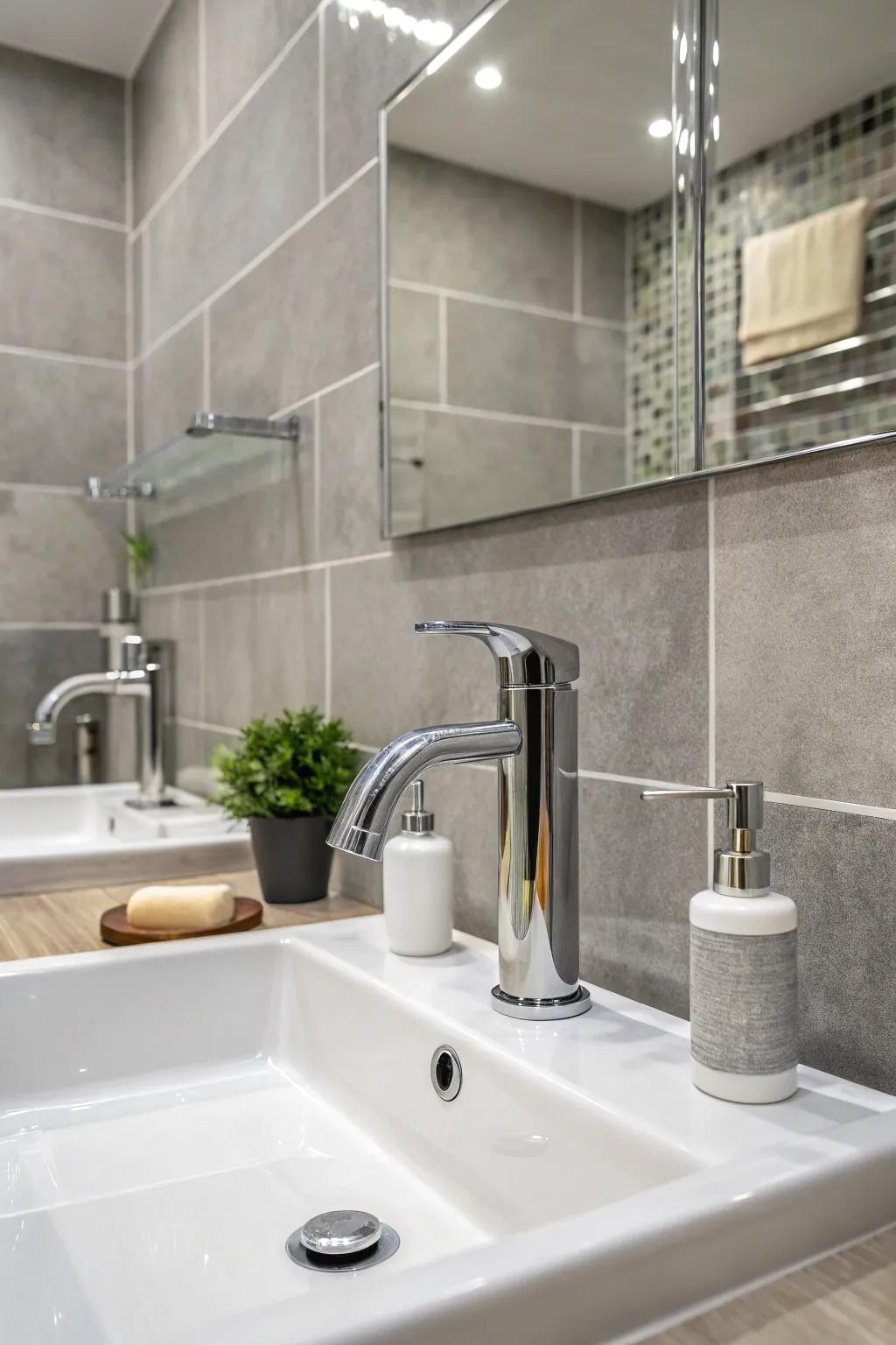 Elegant chrome fixtures contribute a modern aspect to the grey bathroom.