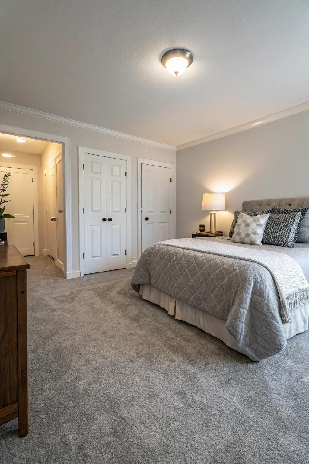 Neutral walls beautifully match the grey carpet, producing a spacious and serene bedroom.