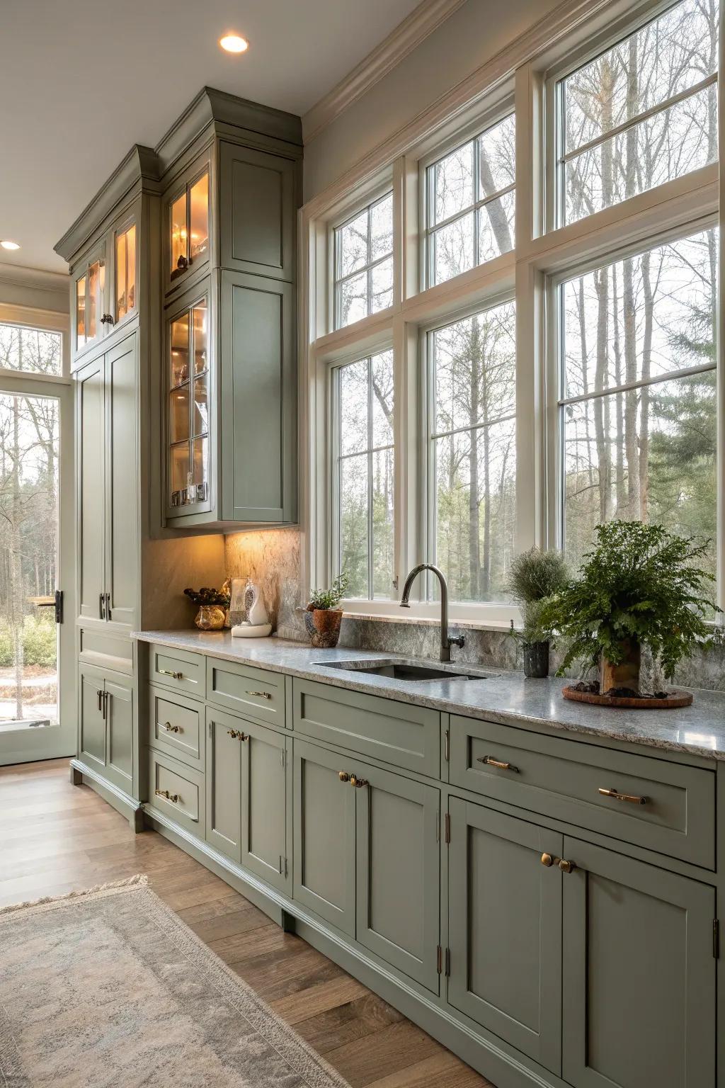 Natural light enhancing grey-green cabinets in a radiant kitchen setting.
