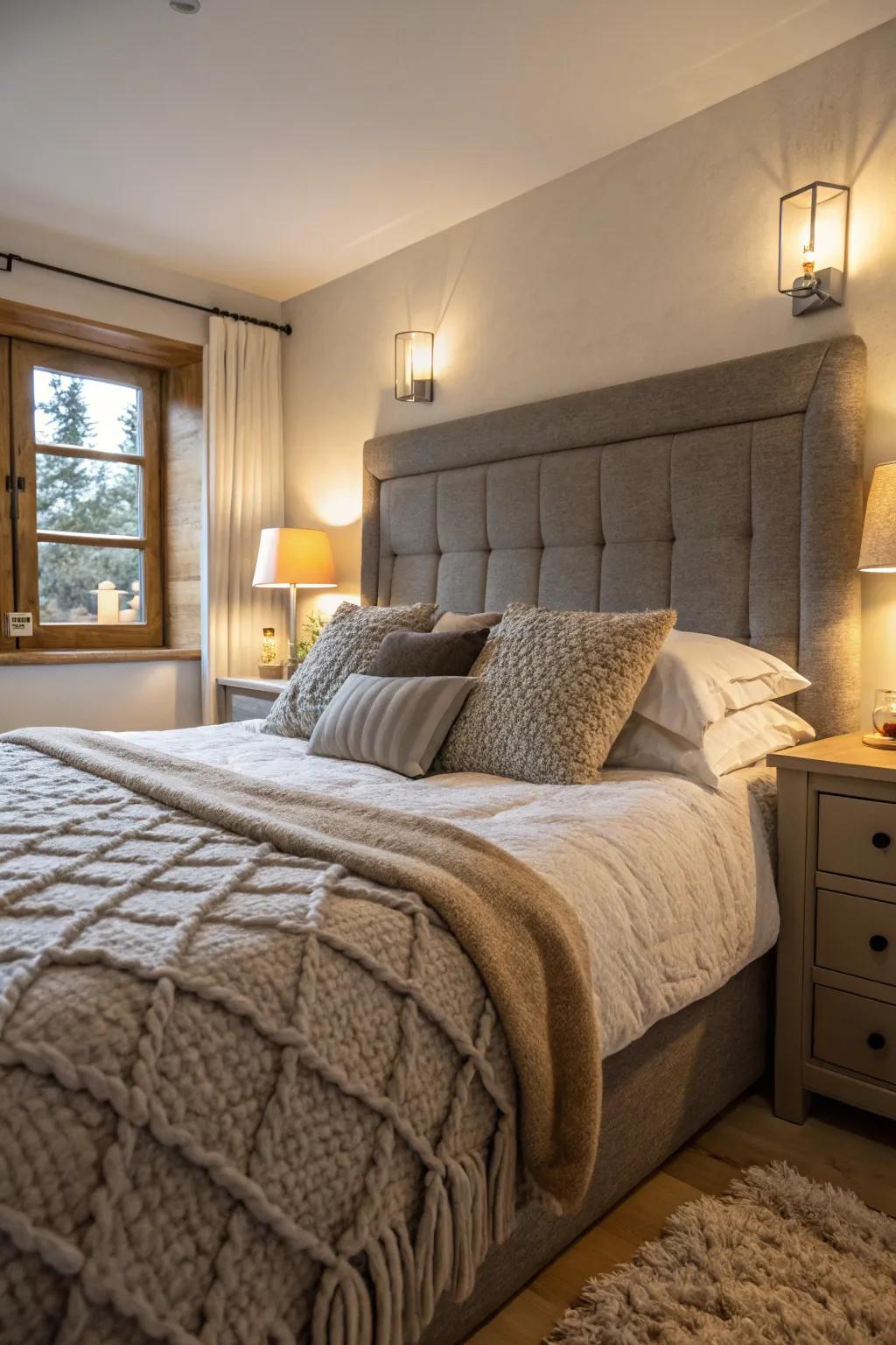 A restful bedroom featuring a slate-toned headboard, elevated with varied bedding textures.