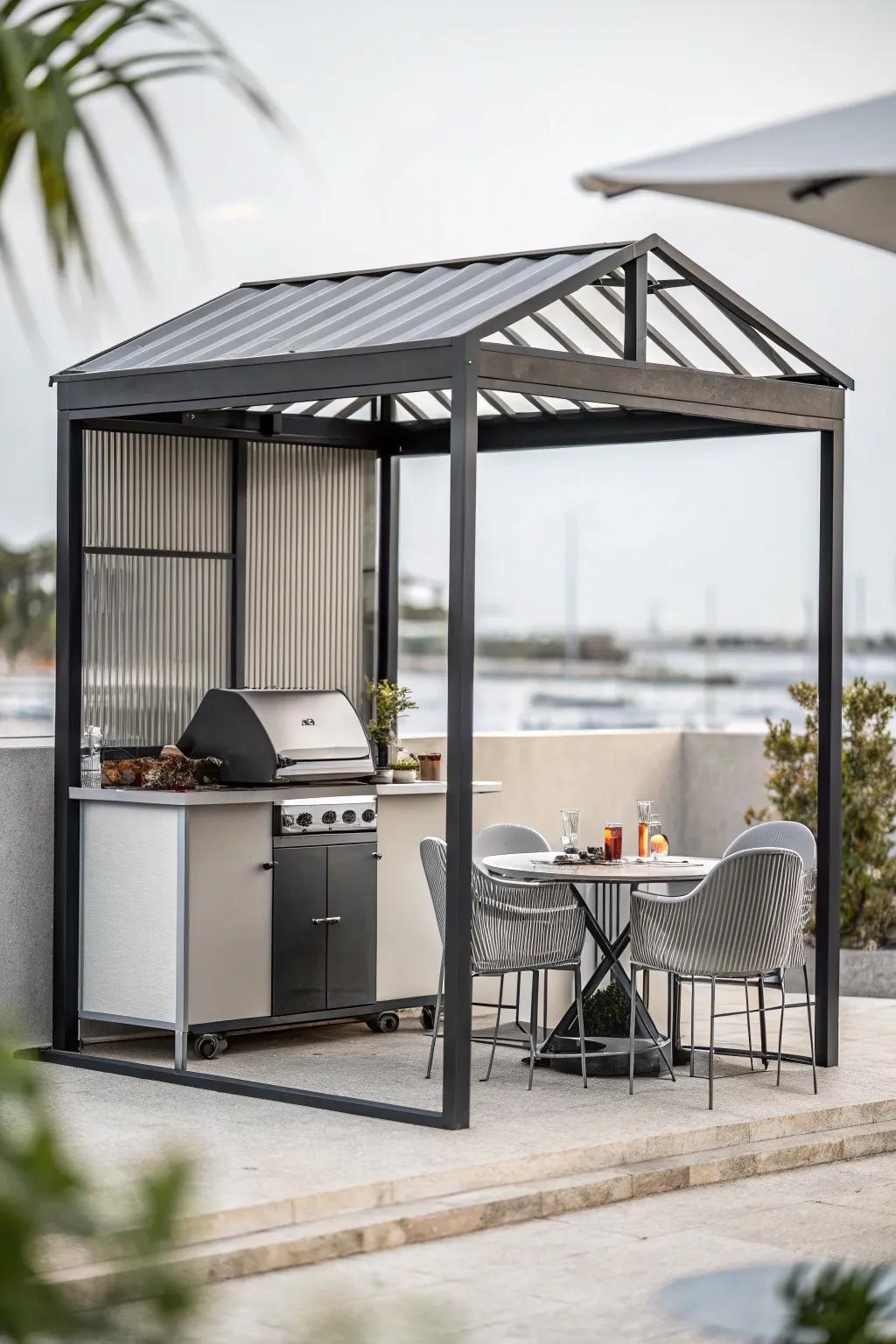 A minimalist grilling gazebo exhibiting a modern and streamlined aesthetic.