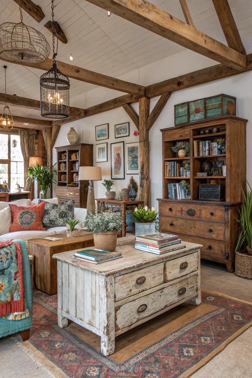 Weathered furniture imparts history and allure to your space.