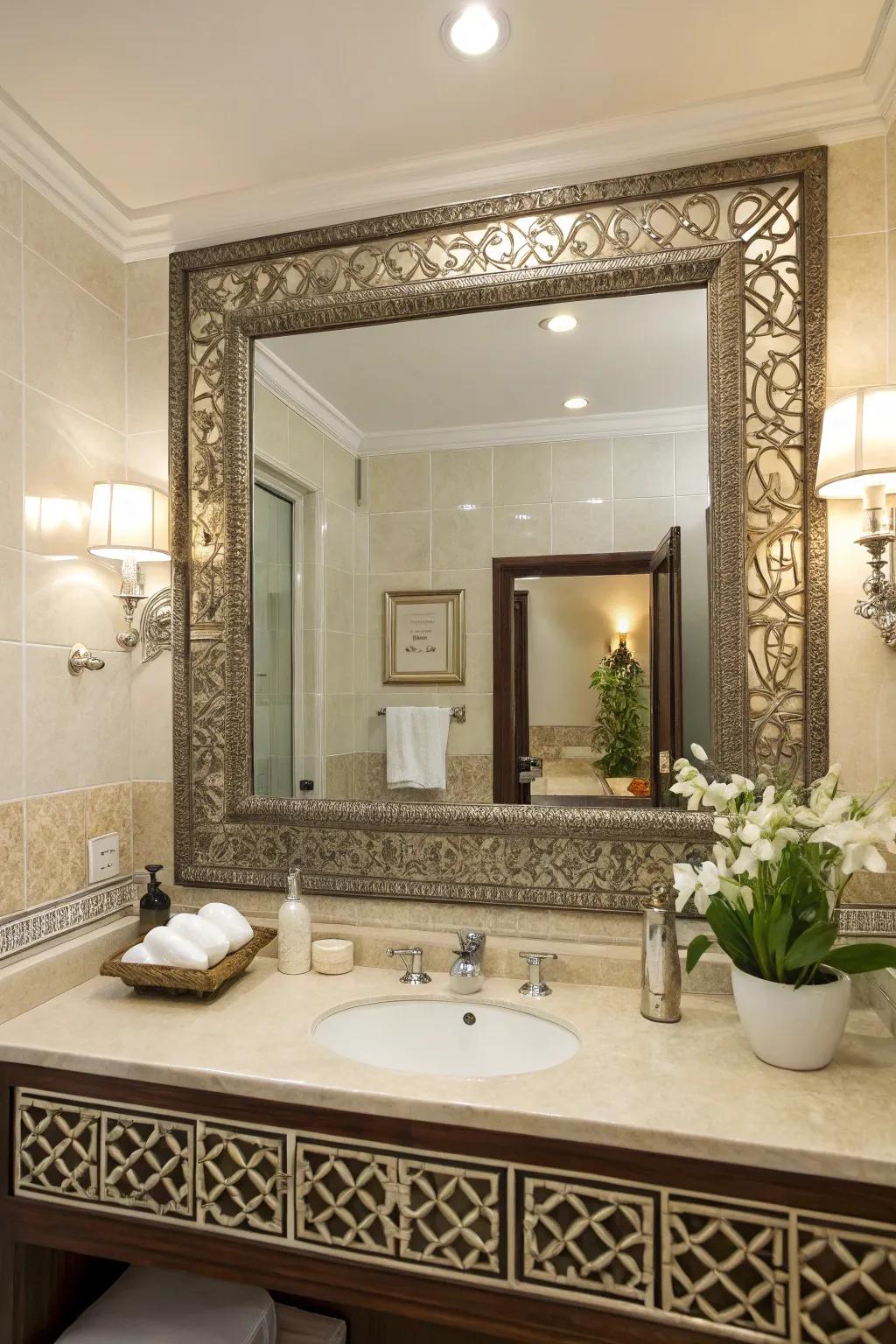 A guest bath spotlighting a large mirror with a unique frame serving as a focal point.
