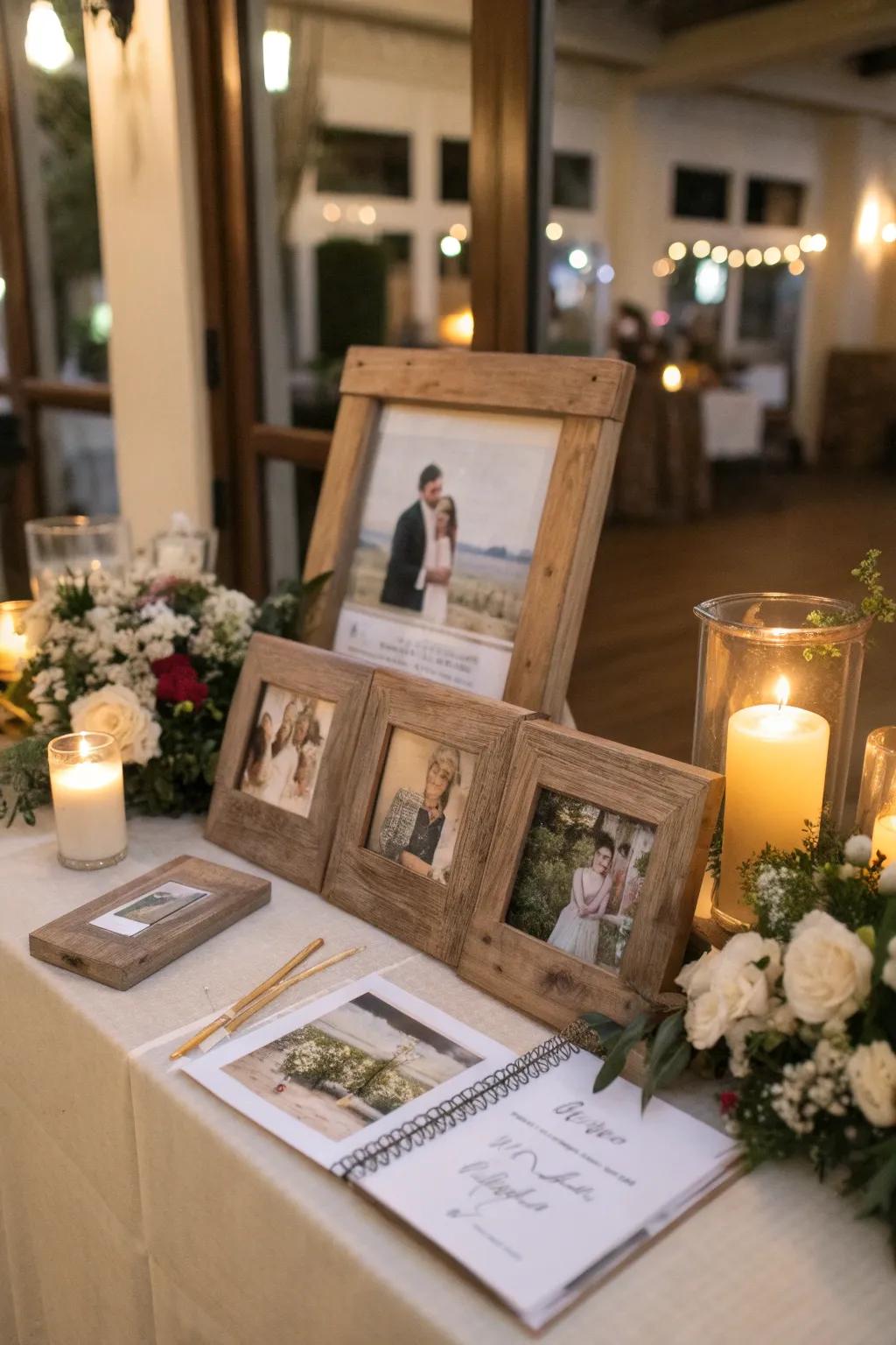 Weathered edged frames add a personal touch to the guest book table.