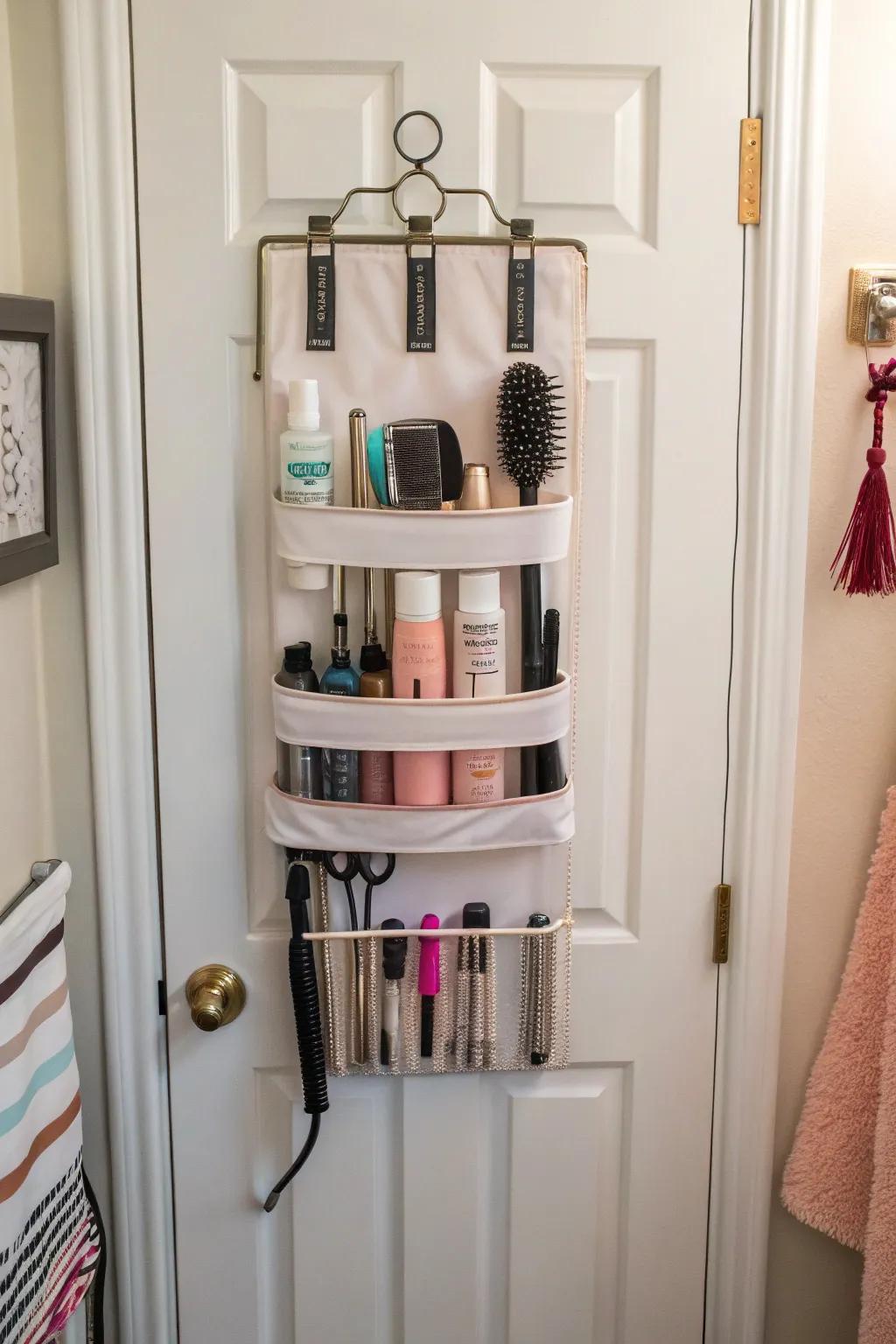 Make the most of available space with a convenient rack over the door for holding hair necessities.