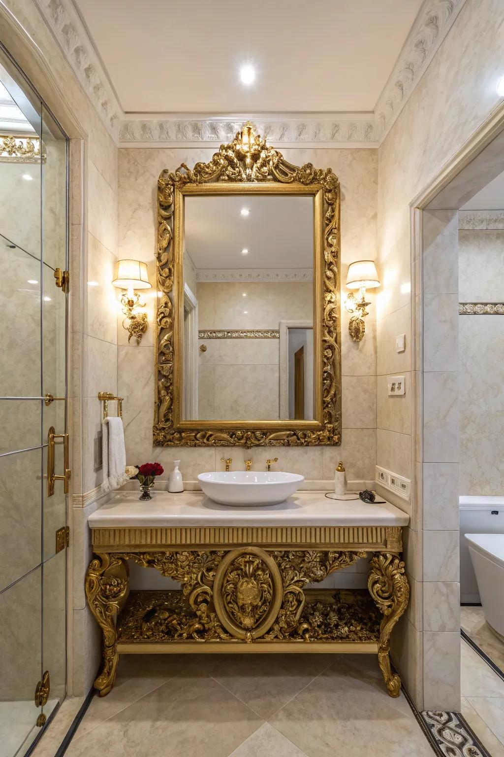 An elaborate mirror can effortlessly enhance the style of your powder room.