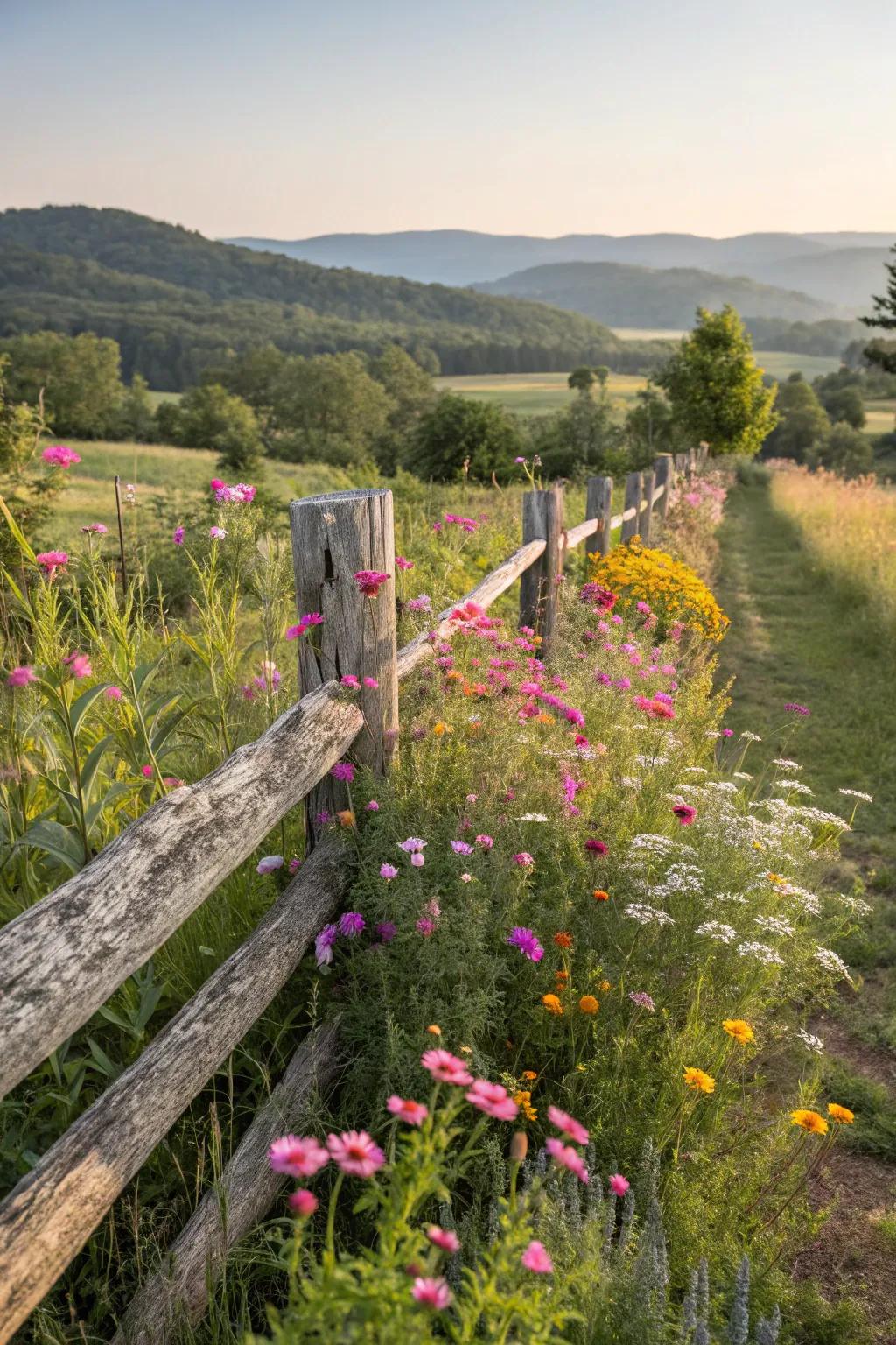 A touch of countryside allure is achieved with a split rail fence and vibrant wildflowers.