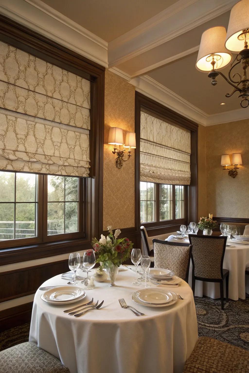 Elegant eating area featuring textile Roman window fashions.