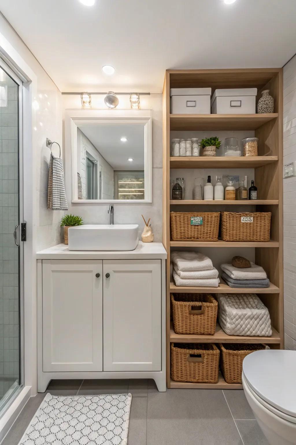 Creative storage strategies in a guest bathroom to optimize space and maintain tidiness.