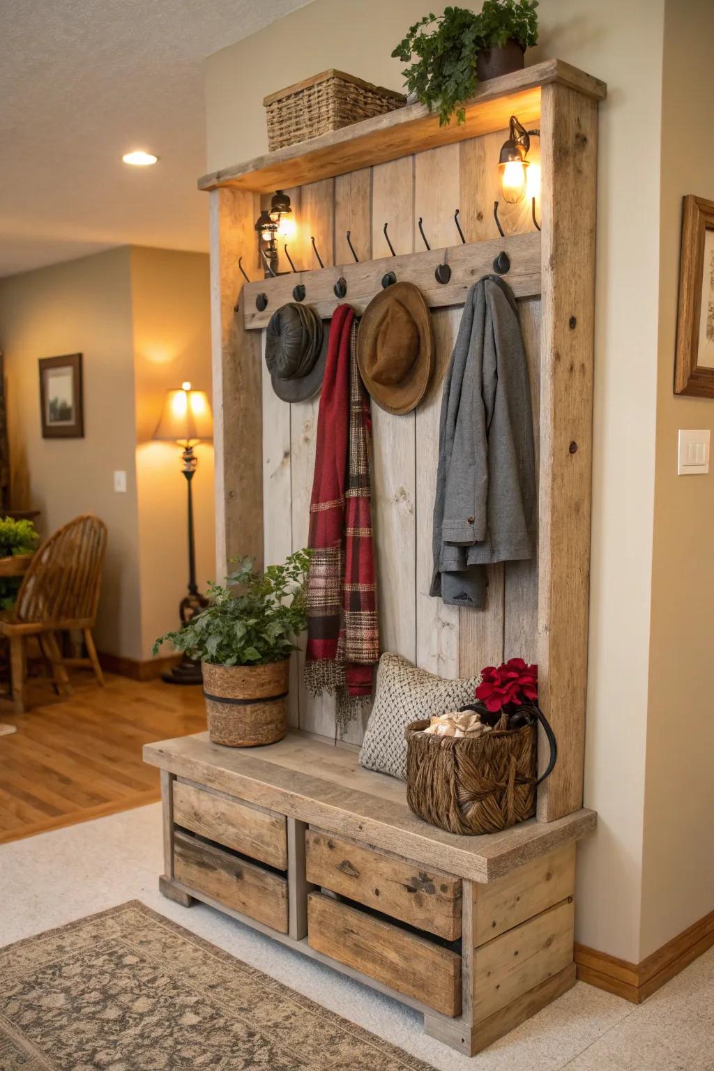 Welcome down-to-earth appeal with this reclaimed lumber hall tree.